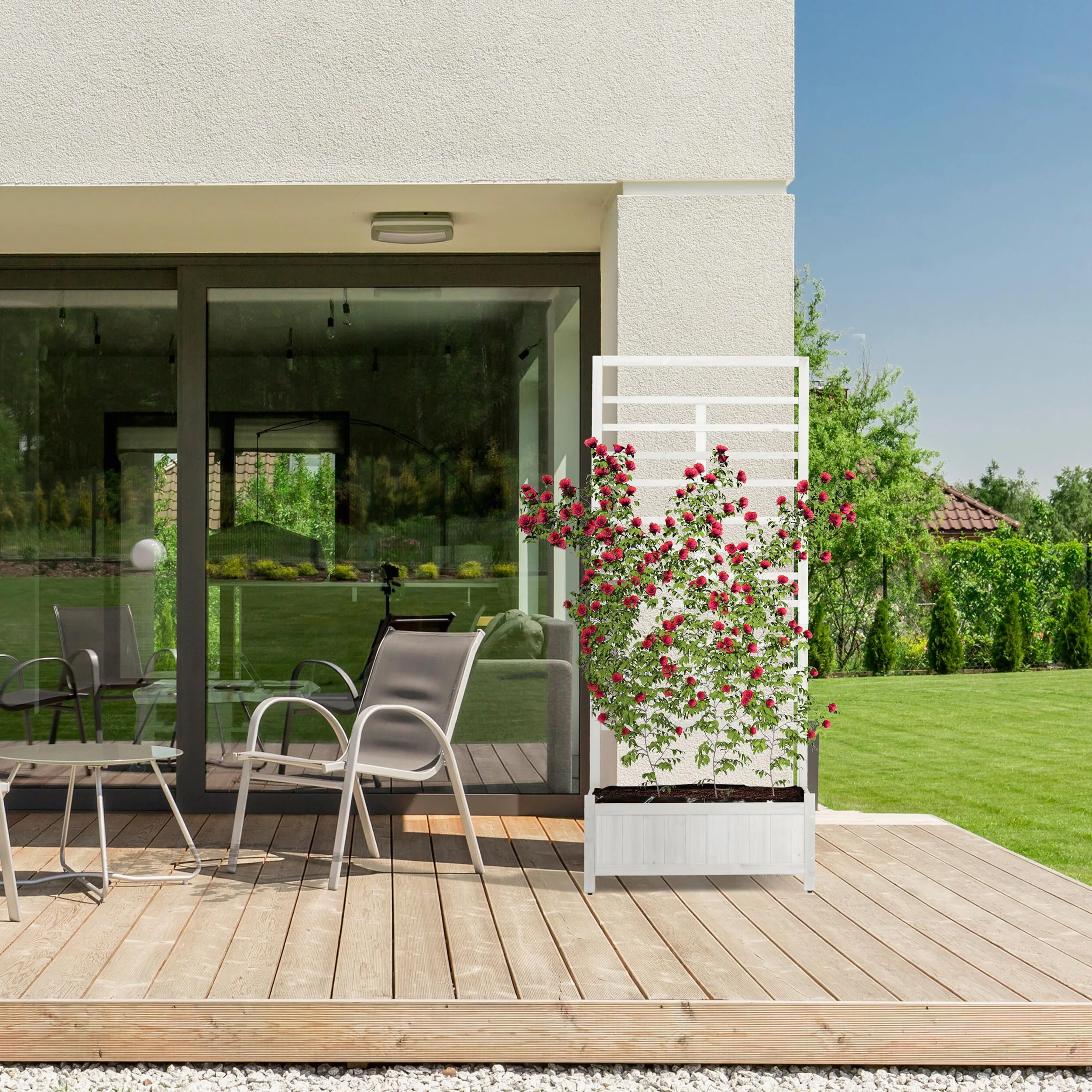 Relaxdays Jardinera con Enrejado, 171 x 71,5 x 32 cm, Macetero con Panel Enredaderas, Balcón y Jardín, Madera, Blanco