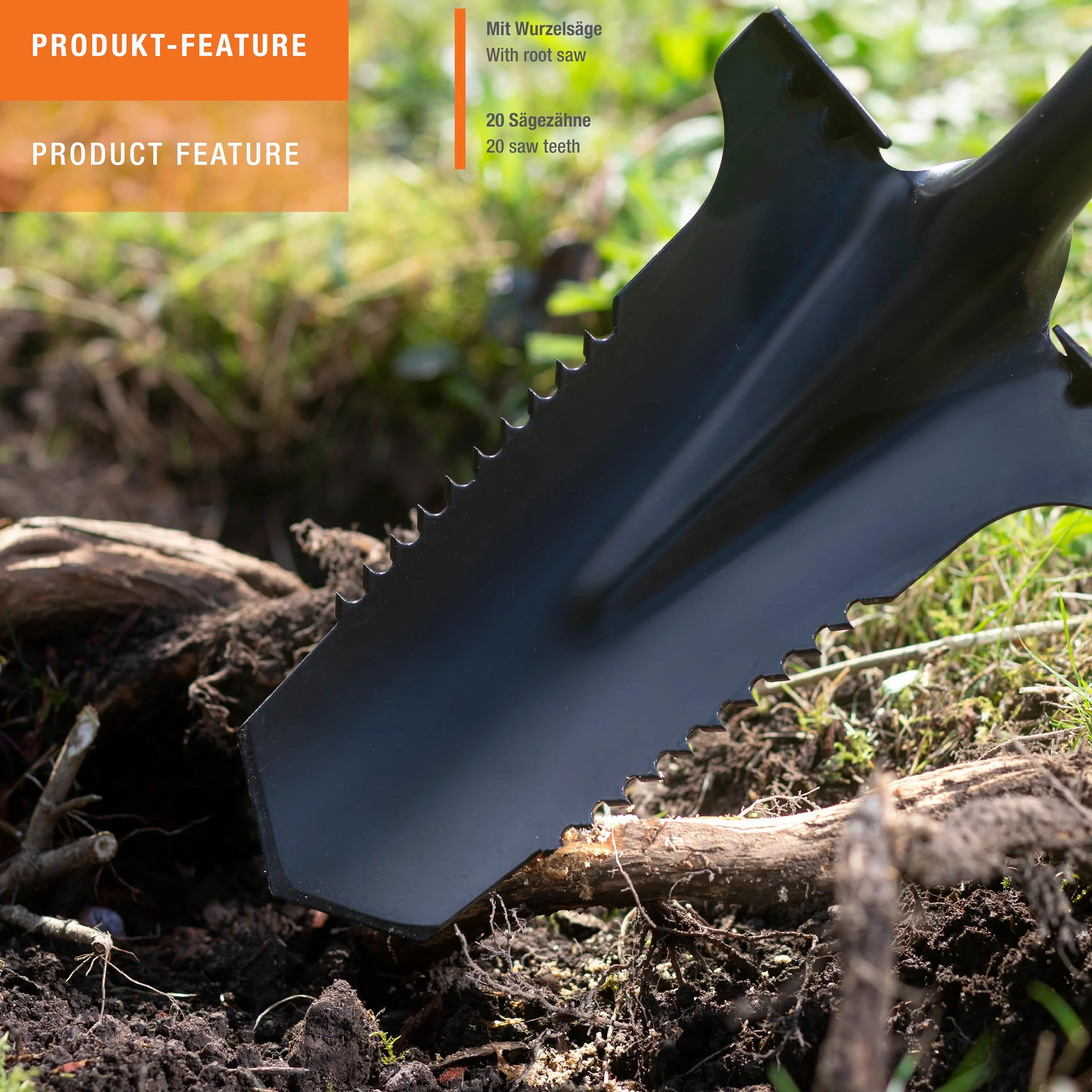 Meister 9872240 - Pala con sierra de raíz para raíces de hasta 3 cm - 195 mm de ancho de trabajo - Mango ergonómico en D - para jardín, construcción y mantenimiento de paisaje/pala de raíz para jardín