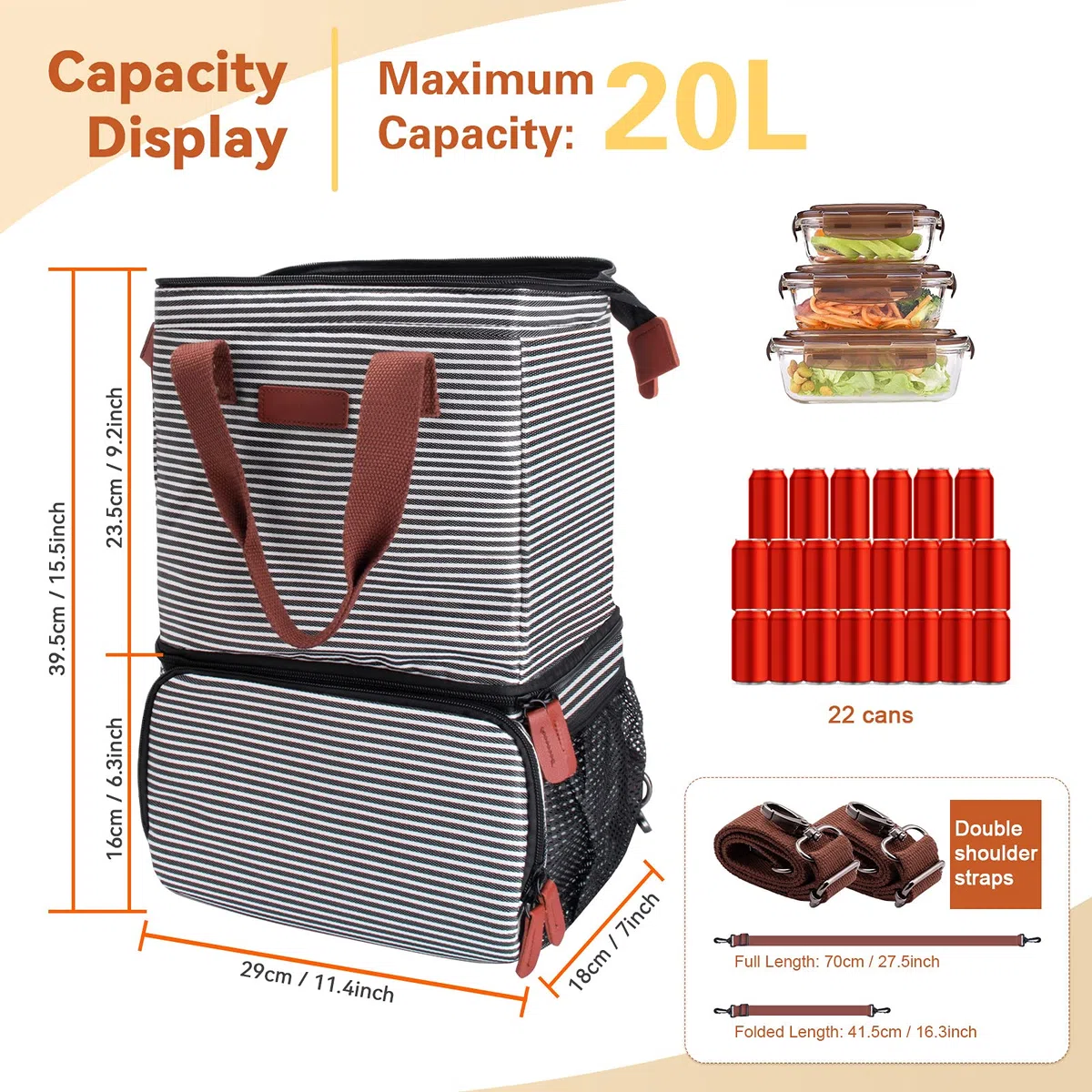 Mochila Nevera de Refrigeración, 20L Doble Capas Mochila Térmica Bolsa Porta Alimentos, Grande Bolsa Térmica de Aislamiento Antifugas Bolsa Nevera para Playa Camping Viajes Trabajo Picnic - Raya