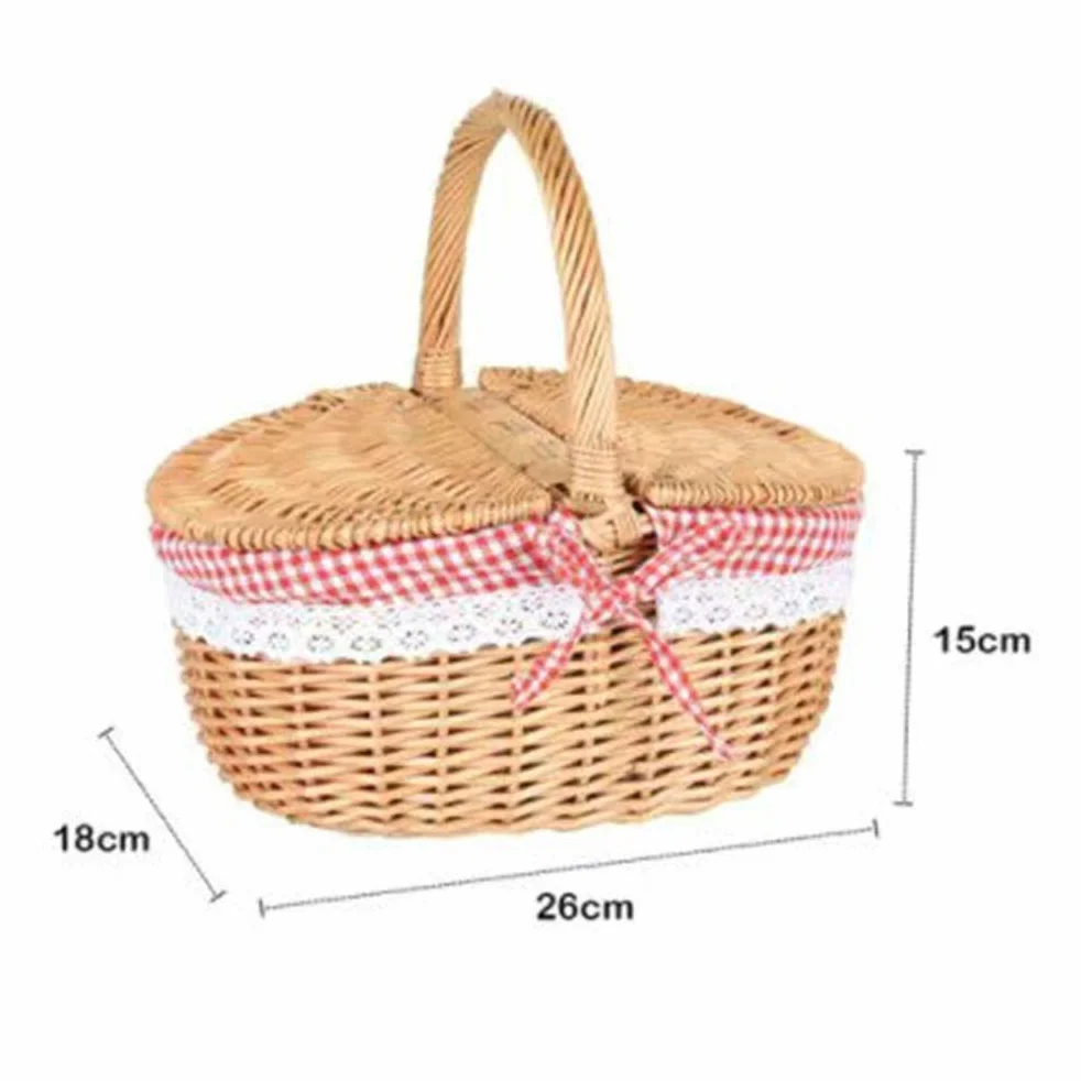 Cesta de Picnic Shenruifa - Cesta de Picnic de Mimbre Estilo Campestre - Cesta de Camping con Asa de Tapa y Forros para Picnics Fiesta Barbacoa - Marrón - 26*18*15 cm