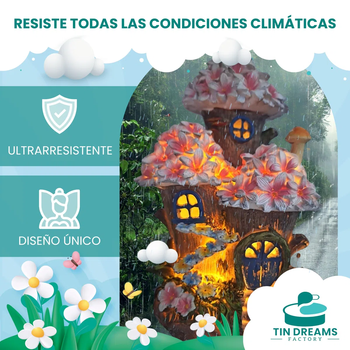 Casa del Árbol de Flores Encantadas - con Luz Solar Recargable – Figura de Fantasía para Exterior, Jardín, Patio, Terraza – Adorno Mágico con Iluminación LED Automática