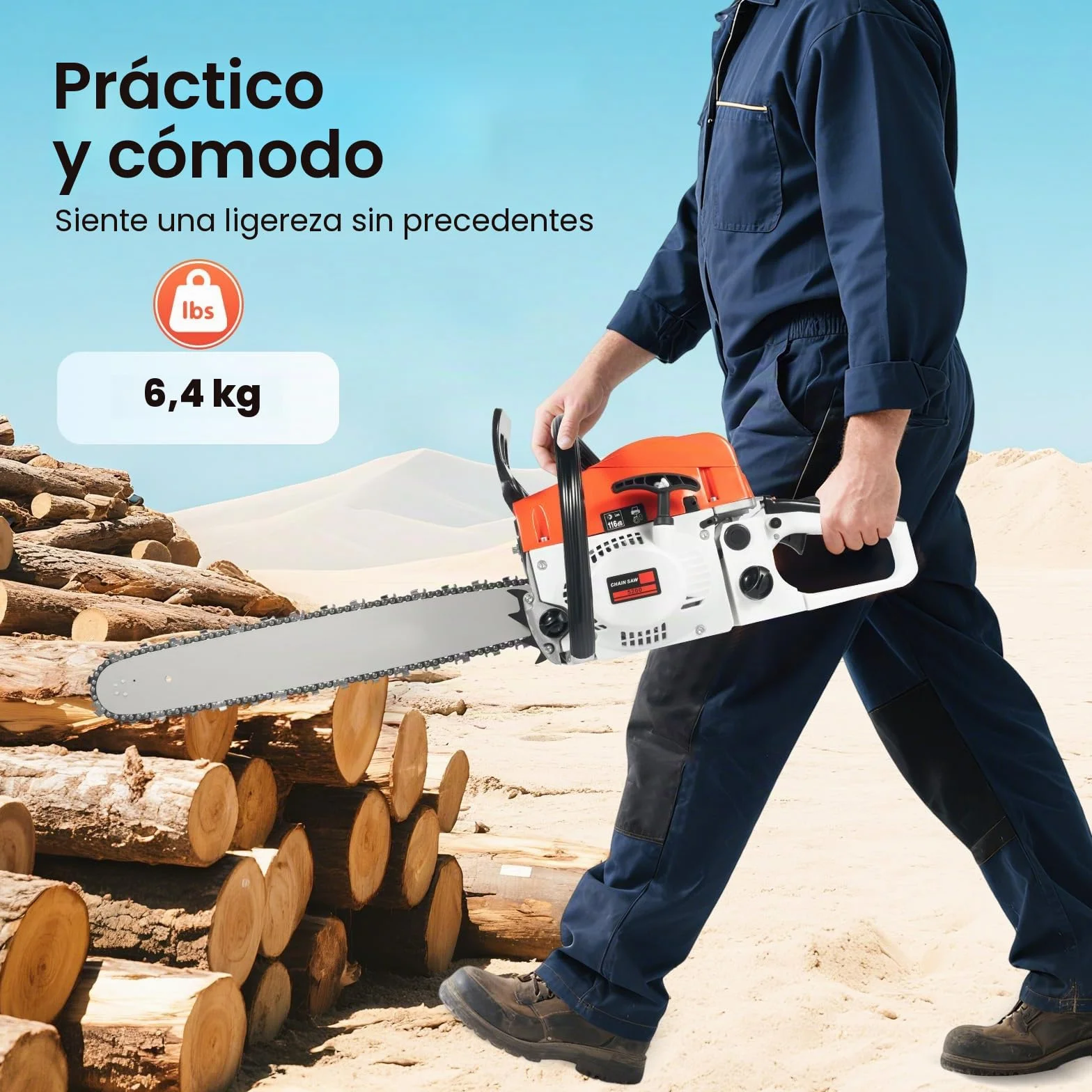 Motosierra de gasolina, 2000 W, gasolina con diámetro de corte de 51 cm, monocilindro, refrigeración por aire, 2 tiempos, cilindrada de 52 cm³, lubricación automática de cadena y freno de cadena