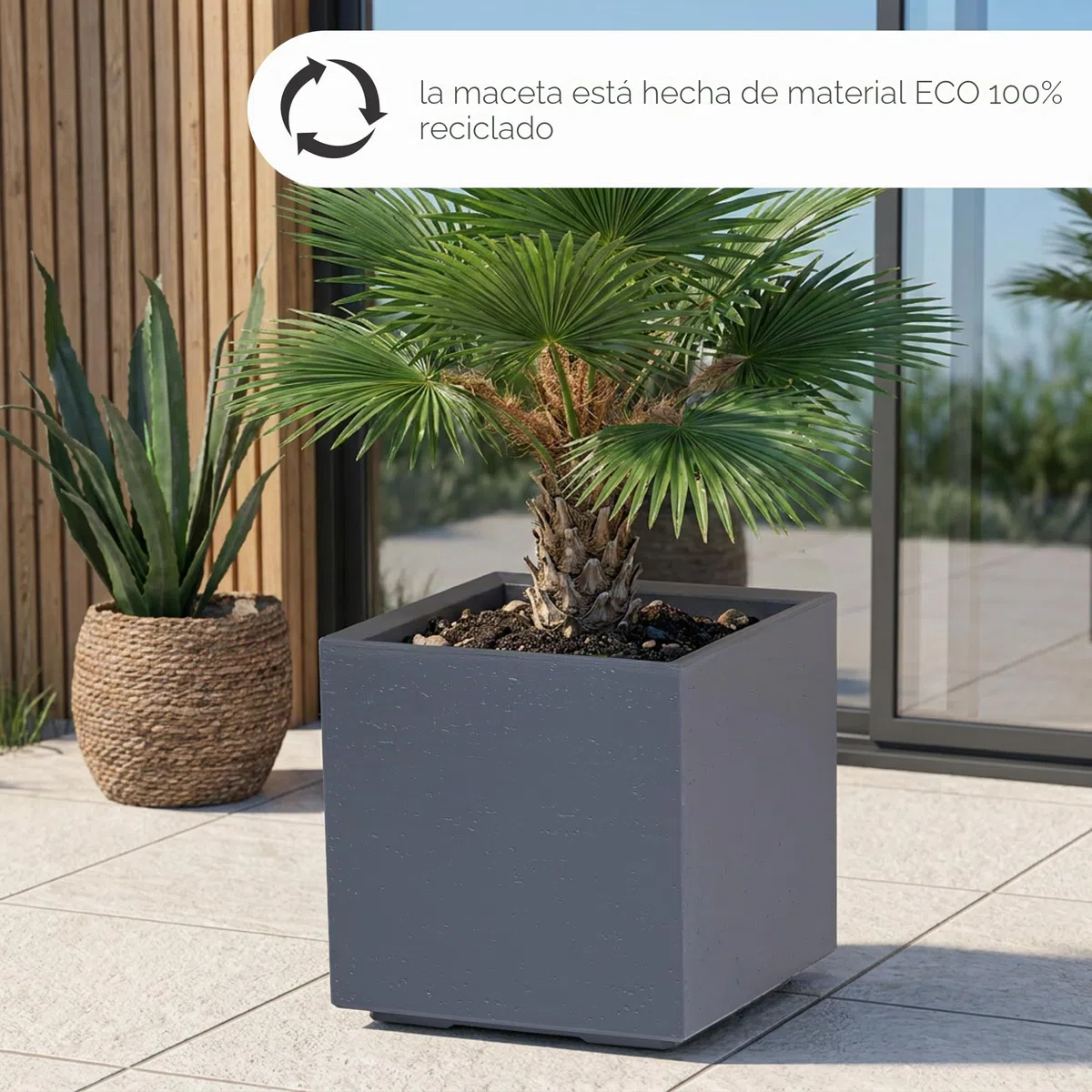 KONZEPT gran macizo de flores con ruedas 40x40x40 cm, para interior y exterior, cuadrado, antracita con aspecto de hormigón, de plástico, móvil – ideal para jardín, terraza, balcón y espacios