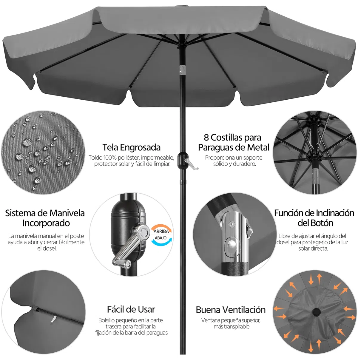 Yaheetech Sombrilla de Jardín Playa 267,5x240 cm con 8 Costillas Función de Inclinación y Manivela