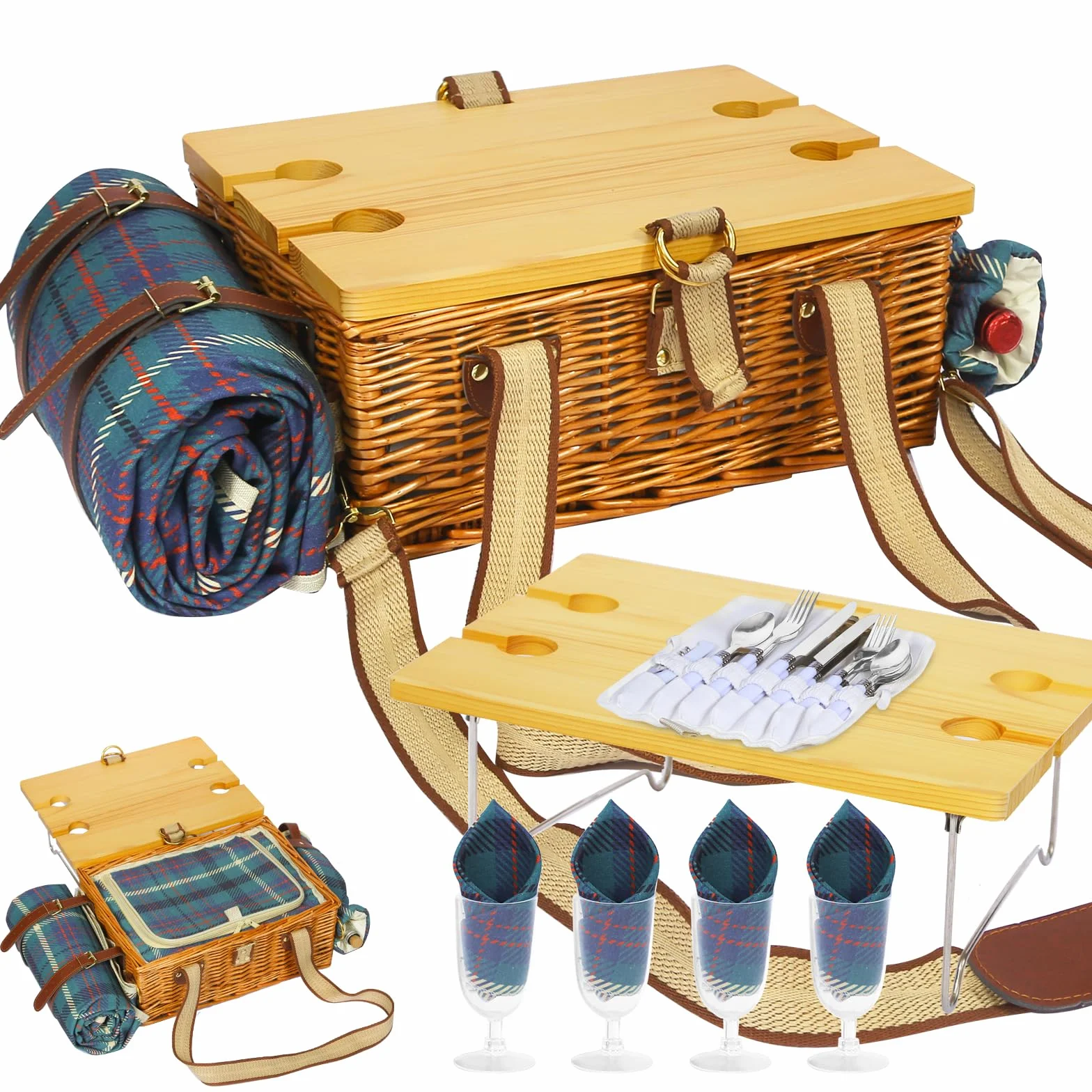 Set de cesta de picnic con mesa plegable y juego de cubiertos, cesta de picnic para 4 personas con bolsas de hielo, cesta de mimbre con asa, cesta de mimbre set de regalo para picnic, camping