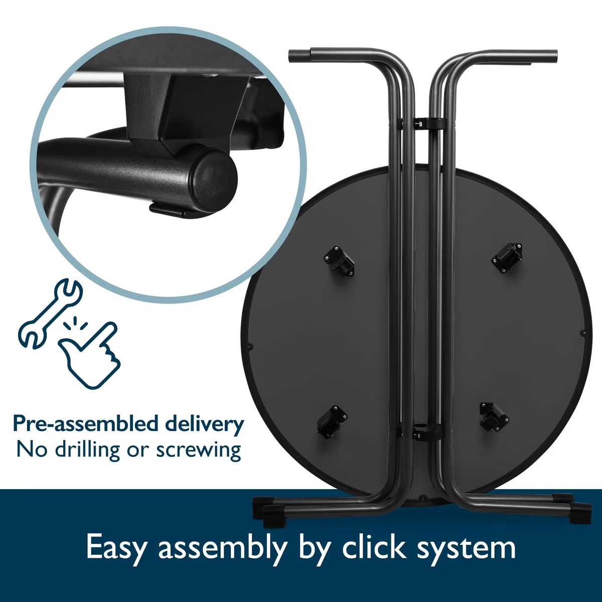 Beautissu Mesa Alta Plegable Negra Ø70cm Bellini – Robusta Mesa Bistró para Exteriores, Resistente a Intemperie, Pie Ajustable en Altura, Fácil Montaje con Soporte Premontado – Mesa Redonda