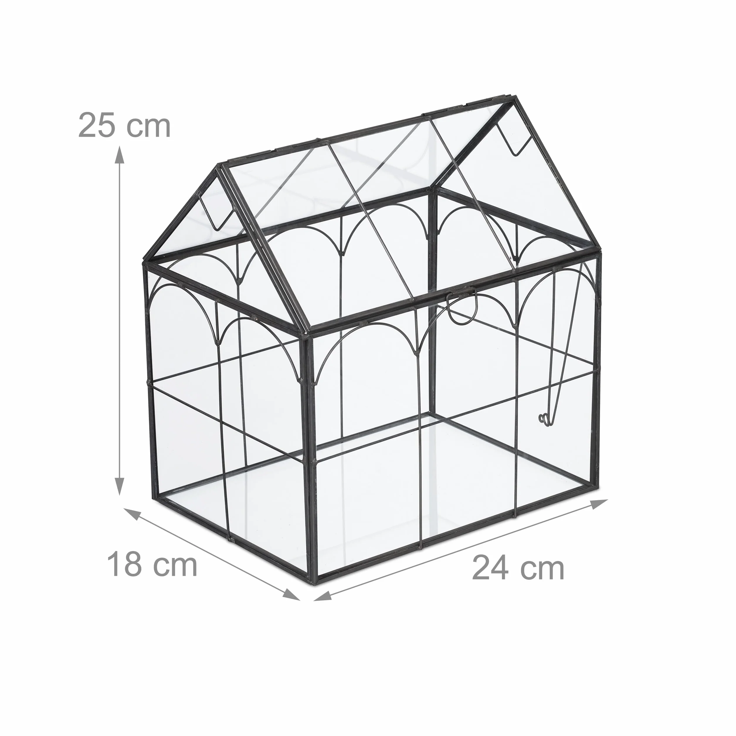 Relaxdays Terrario Plantas, Cristal y Estaño, Casa Decorativa Vidrio para Cactus y Musgo, Terrarium Alféizar, Negro