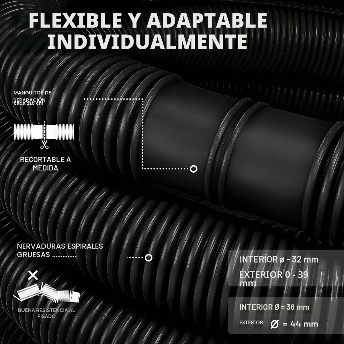 tillvex Manguera Flexible Solar de Piscina 32-38 mm para Bombas, Depuradoras y Cloradores (Negro, 20m / 38mm)