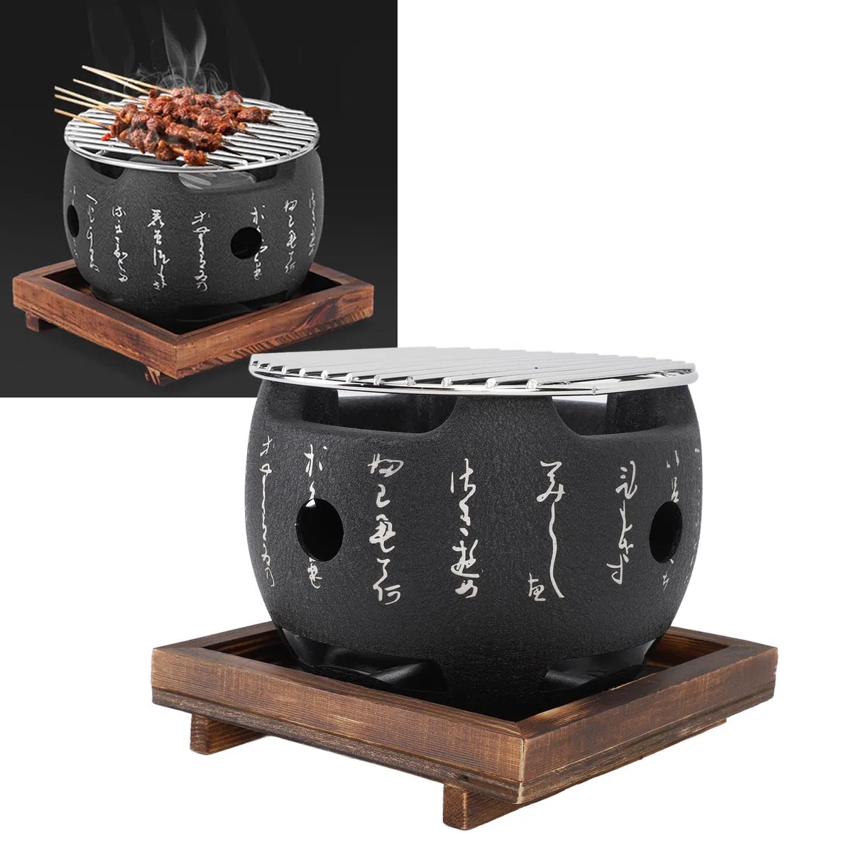 Tyenaza Barbacoa Japonesa Mesa, Parrilla Japonesa de Carbón Vegetal para Mesa, Portátil Mini Parrilla Redonda con Base de Madera, para Barbacoa en Casa, Picnic al Aire Libre, Camping(15x13 CM)