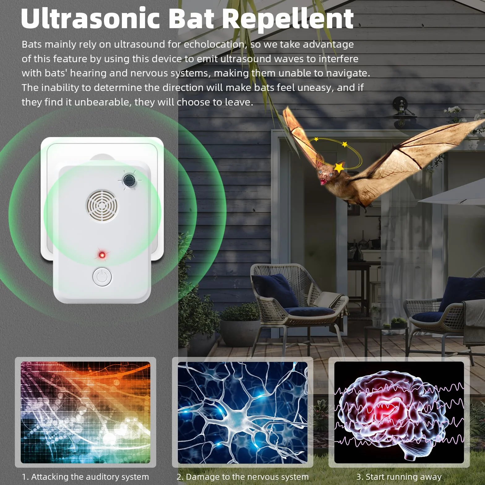 Paquete de 4 dispositivos repelentes ultrasónicos de murciélagos para ático o porche, dispositivo ajustable de exclusión de murciélagos para uso en interiores, amigable con humanos y mascotas (blanco)