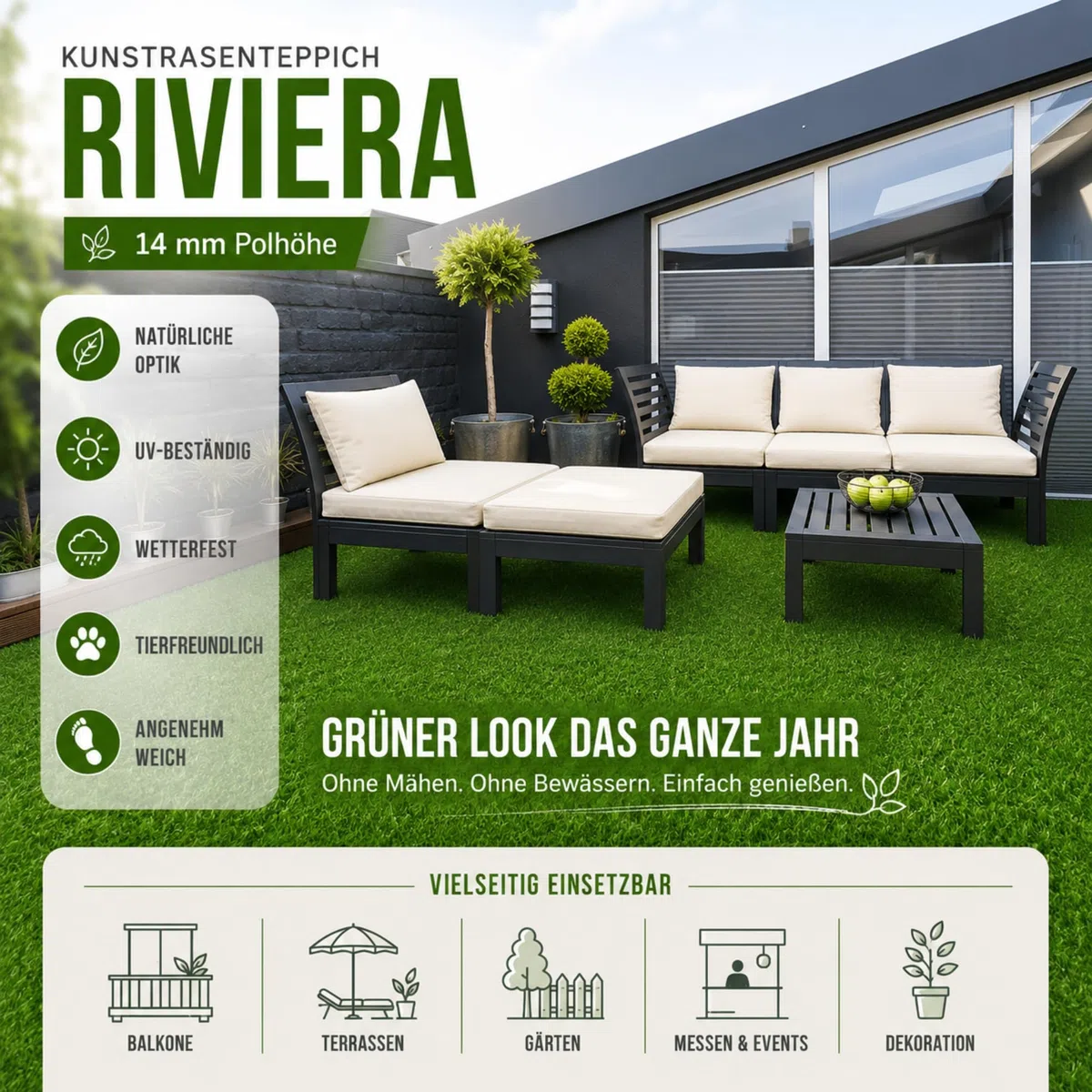 KARAT Sky Césped Artificial – Alfombra resistente a la intemperie para exteriores, para balcón, terraza y jardín – Premium Class – Riviera – Altura del pelo: 14 mm – 200 x 150 cm