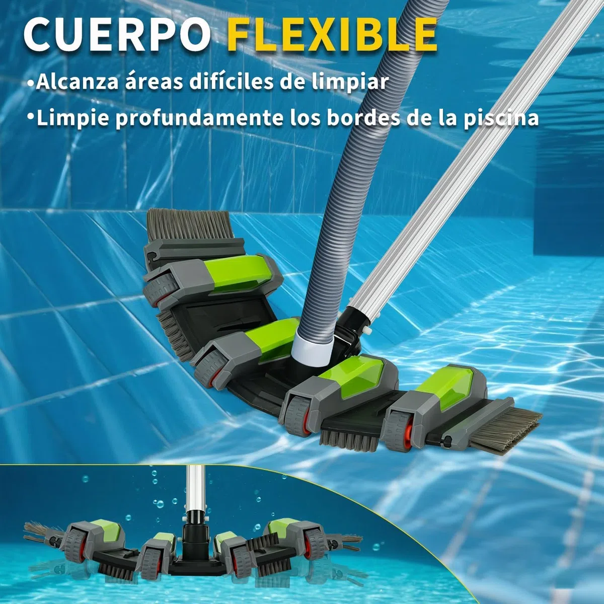 Cepillo Aspirador Piscina 45 cm con Ruedas, Cepillo Aspirador para Piscina con Conexión de Succión, Cepillo Limpiafondos Piscina Flexible con Cepillos Laterales, Compatible con Mangueras 32 mm y 38 mm