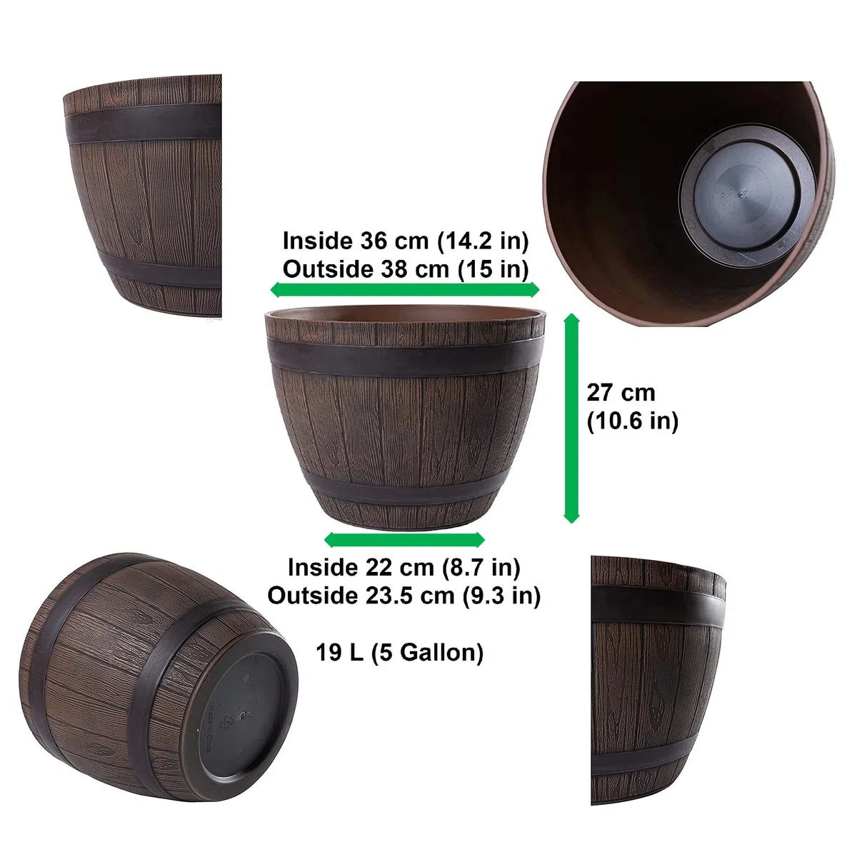 Macetero Grande Exterior de Plástico Efecto Madera - Color Castaño - Diseño Media Barrica - Ø 38 cm 19L - Maceta Resistente para Jardín, Terraza y Hogar