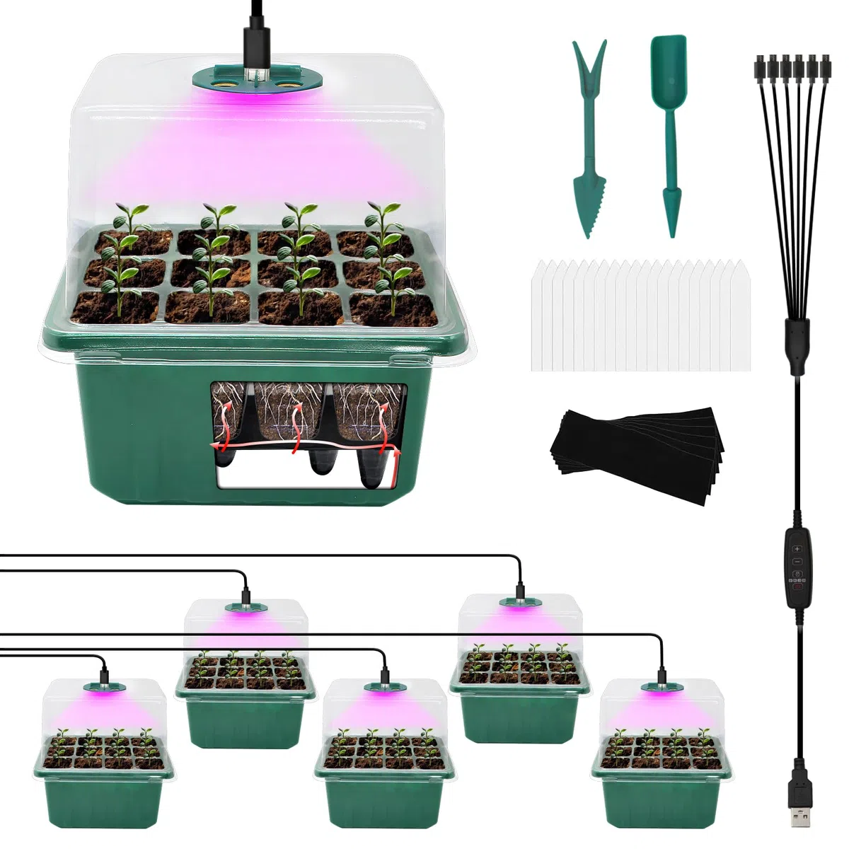 MYMULIKE Bandejas de Germinación con Luz de Crecimiento, Germinador de Semillas 6 Piezas 72 Células, Mini Invernadero Reutilizables para el Inicio del Cultivo de Semillas en Interiores