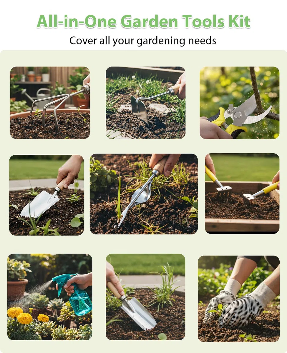 MOSFiATA Kit de Herramientas de Jardinería 12 Piezas, Acero Inoxidable de Uso Pesado con Mango de Madera Antideslizante, Incluye Bolsa Impermeable con Diseño de Girasoles