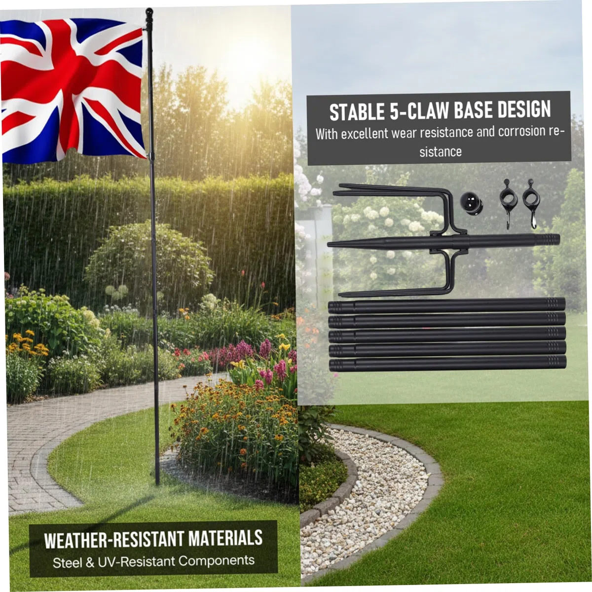 Asta de Bandera telescópica de 10 pies Resistente, Kit de asta de Bandera de jardín con Base de 5 Garras con 6 Secciones de extensión y 3 Accesorios, de de jardín