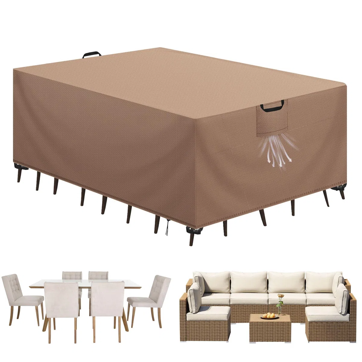 Funda Mesa Exterior Impermeable, Funda para Muebles de Jardín, Cubierta para Muebles de Jardin Tela Oxford 420D Anti Viento Anti UV Funda Protectora Mesa Exterior, Caqui,180x120x74cm