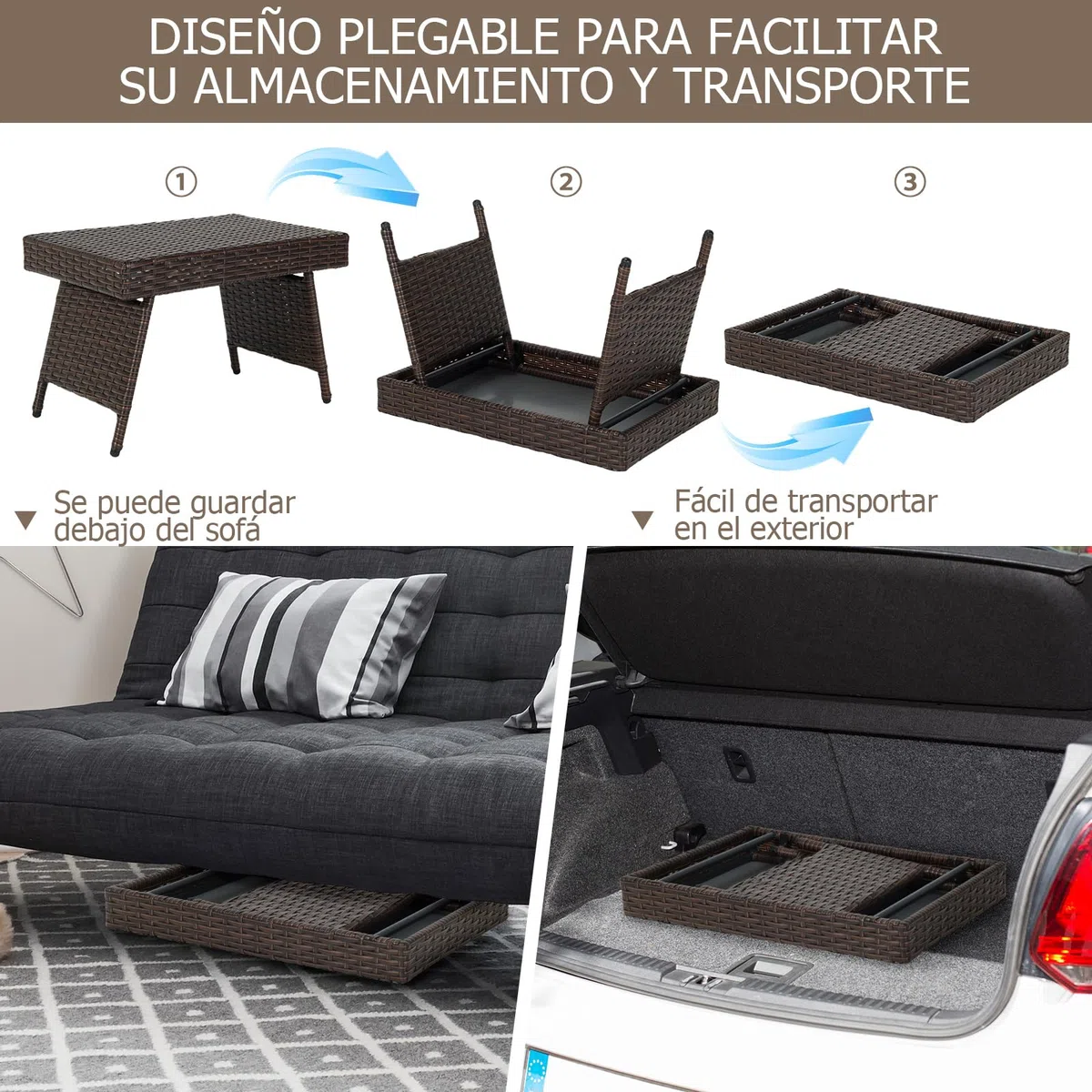 GOPLUS Mesa Baja Jardín Plegable de Ratán, Mesa Auxiliar con Estructura de Acero Resistente y Patas Ajustables, Mesa de Café sin Montaje Ahorra Espacio para Exterior Terraza Piscina, 60 x 40 x 40 cm