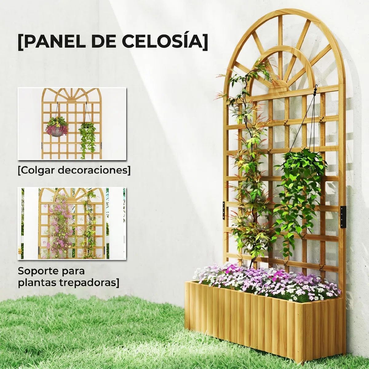 Outsunny Jardinera con Enrejado de Madera, Jardinera Exterior Grande para Plantas Trepadoras, con Ofricios de Drenaje, Macetero Elevado para Jardín, Patio, Terraza, 90x30x180 cm, Natural