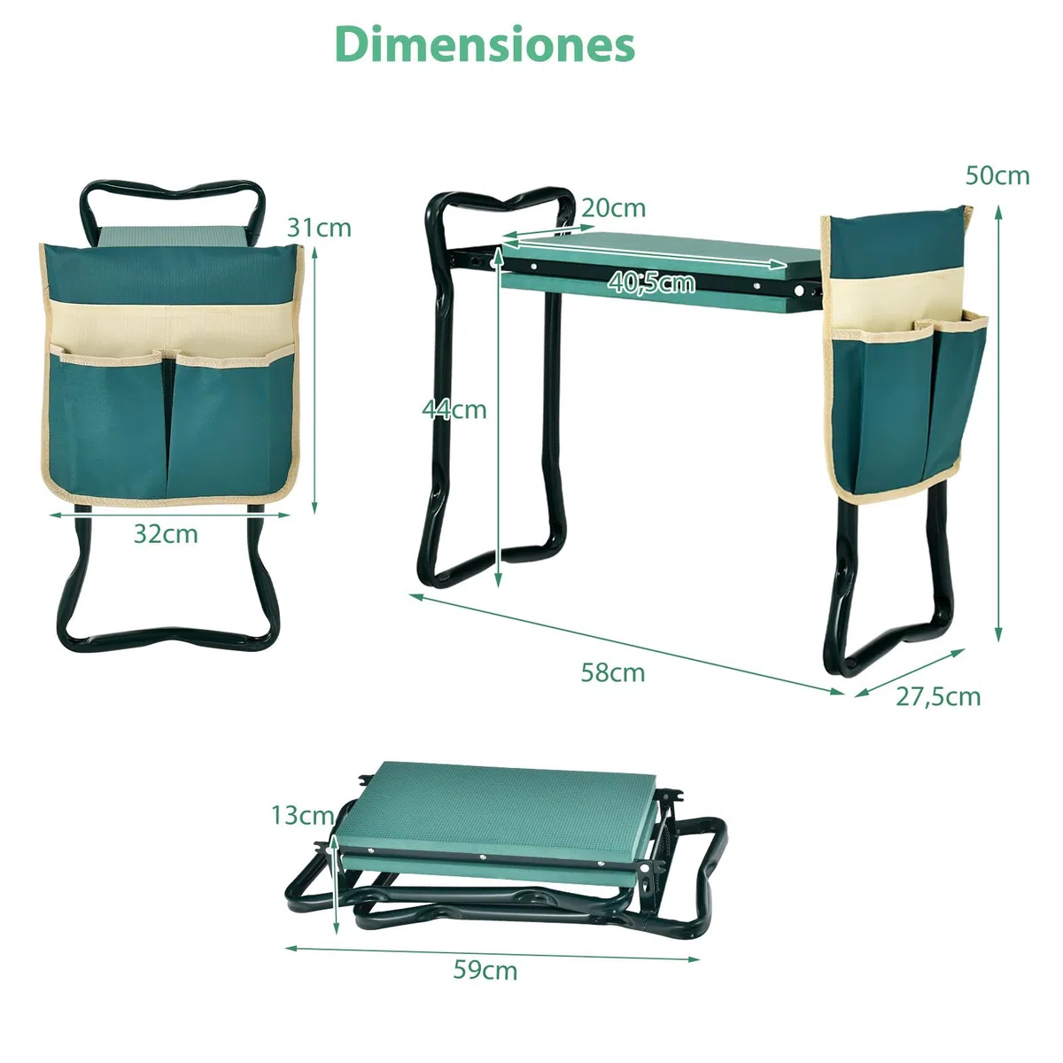 SOARS Banco de Jardín Plegable con Bolsillos para Herramientas y Rodilleras, Taburete de Jardín hasta 150 kg, Rodilleras para Jardinería, 58 x 27,5 x 50 cm (con 2 Bolsa de Herramientas)