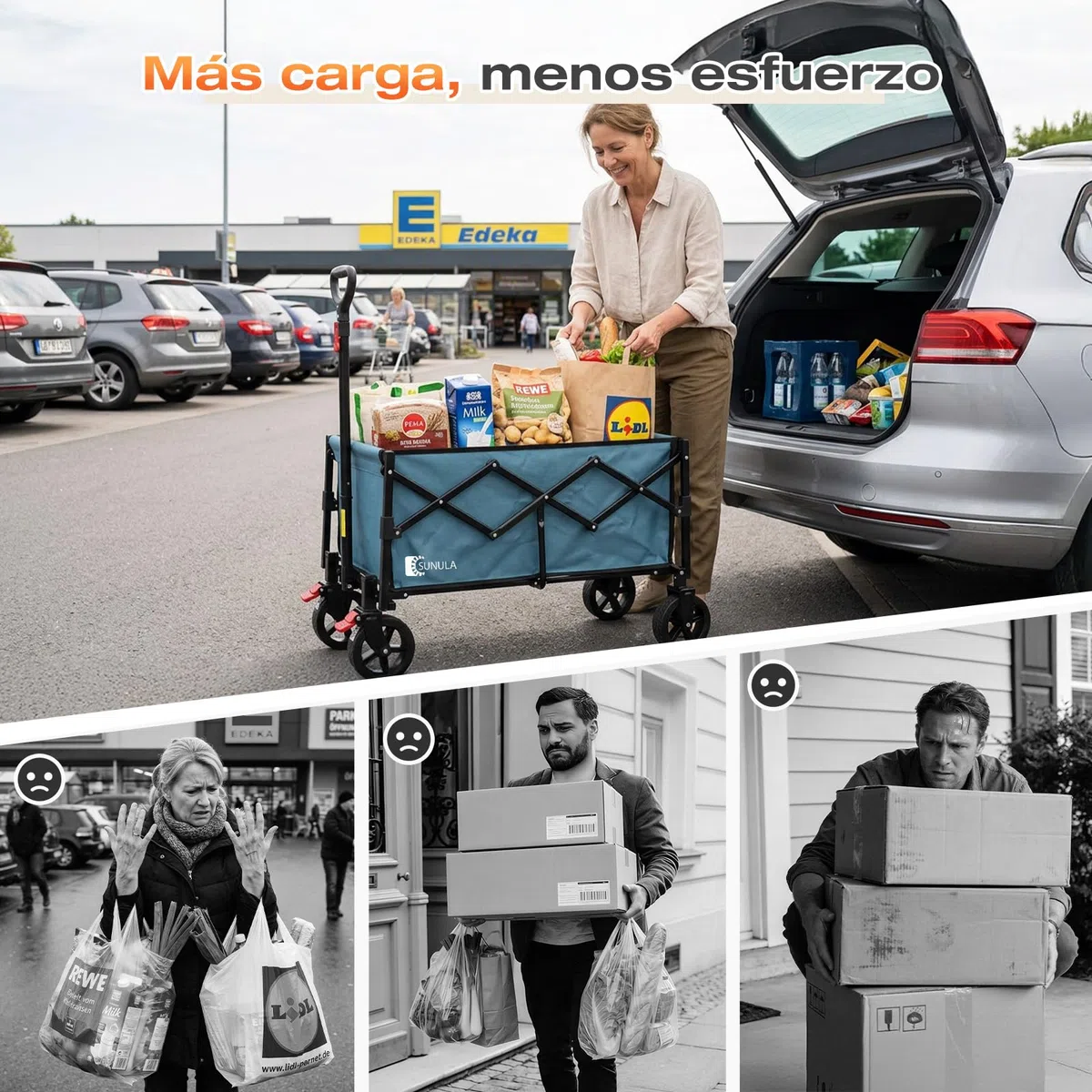 SUNULA Carro Plegable pequeño 80L 100KG, Carro Plegable con Peso reducido, Carro Todoterreno con Frenos, Azul
