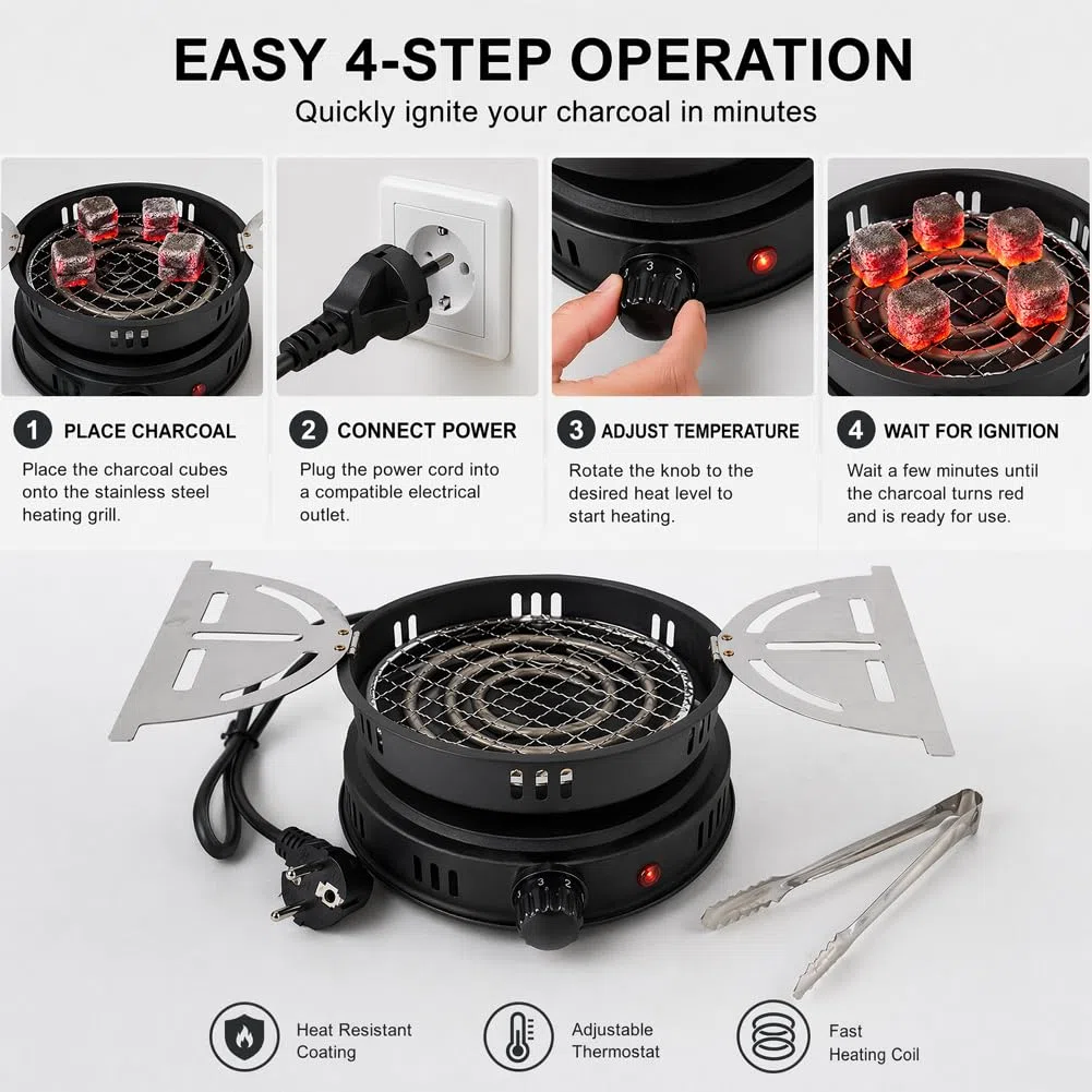 RANJIMA Encendedor de carbón para shisha eléctrico, parrilla de carbón con pinzas, 1000 W, encendedor de carbón eléctrico para carbón, cable exterior, accesorios eléctricos, encendedor de carbón de