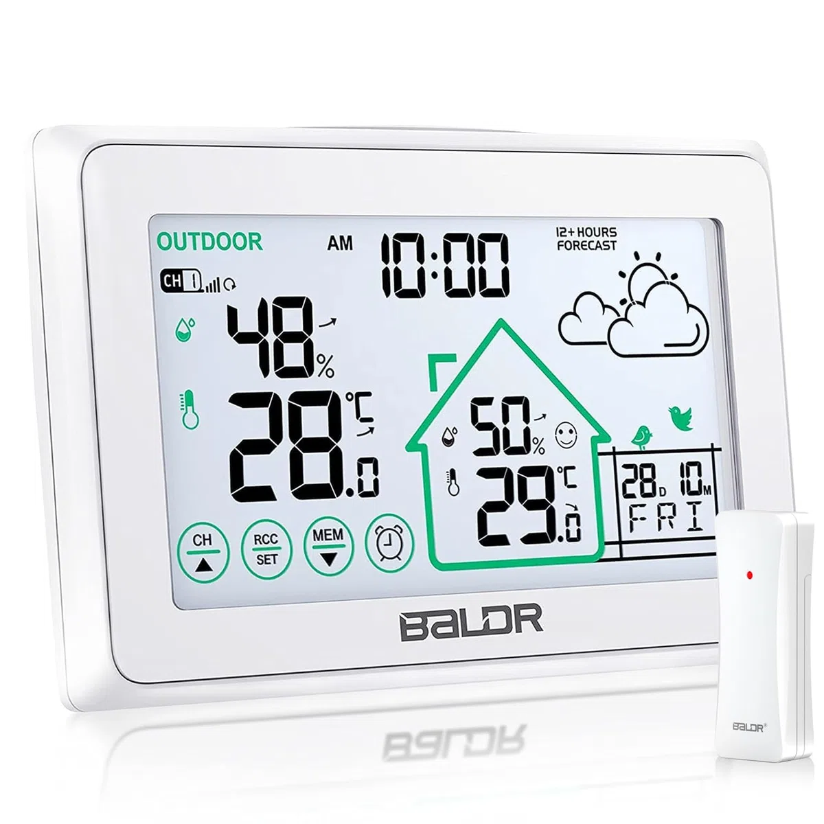 BALDR Estación Meteorológica a Batería, Interior y Exterior, Digital DCF Termómetro Higrómetro con Pronóstico del Tiempo