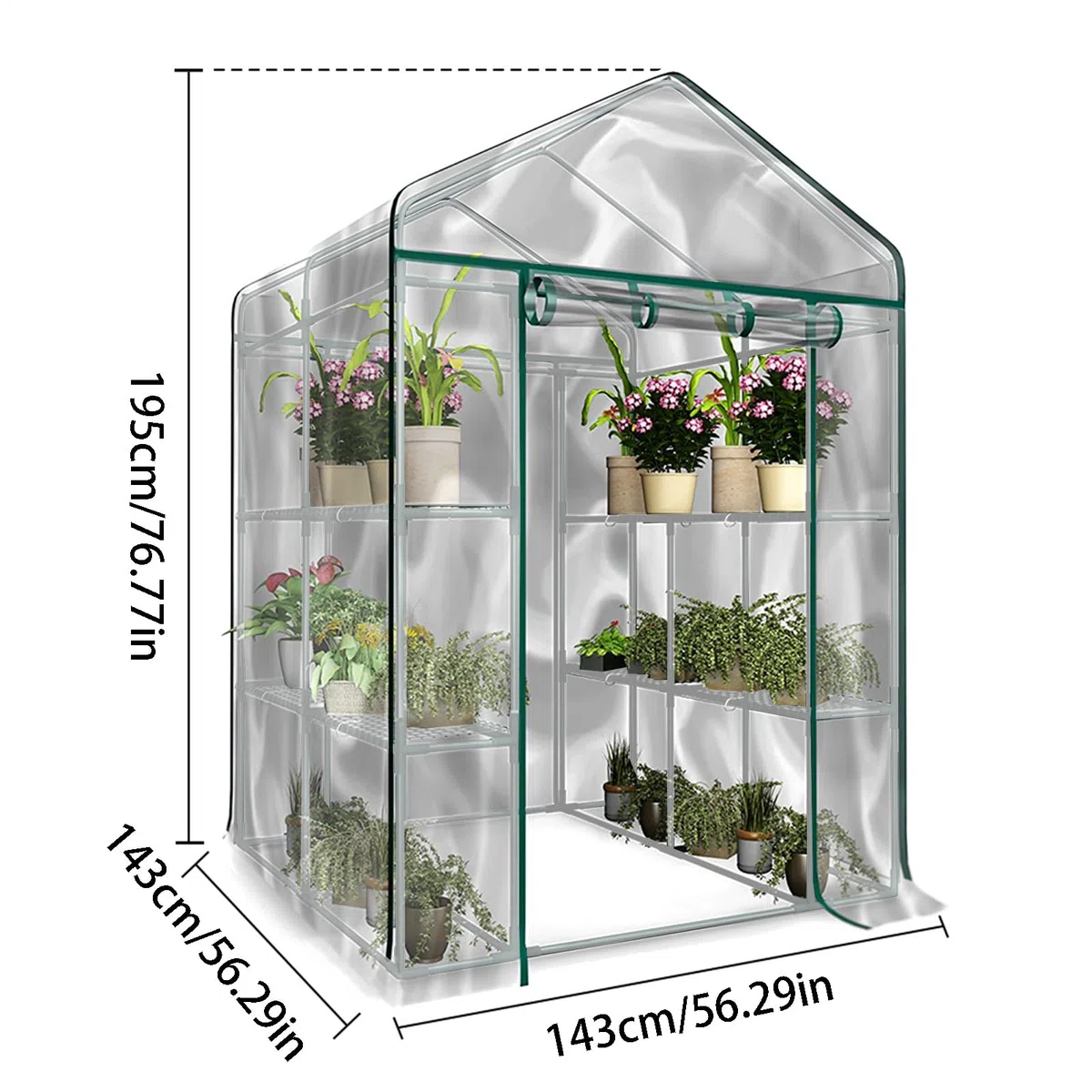Funda protectora para invernadero, 143 x 143 x 195 cm, PVC para plantas, invernadero, con puerta enrollable con cremallera, resistente al invierno, estable