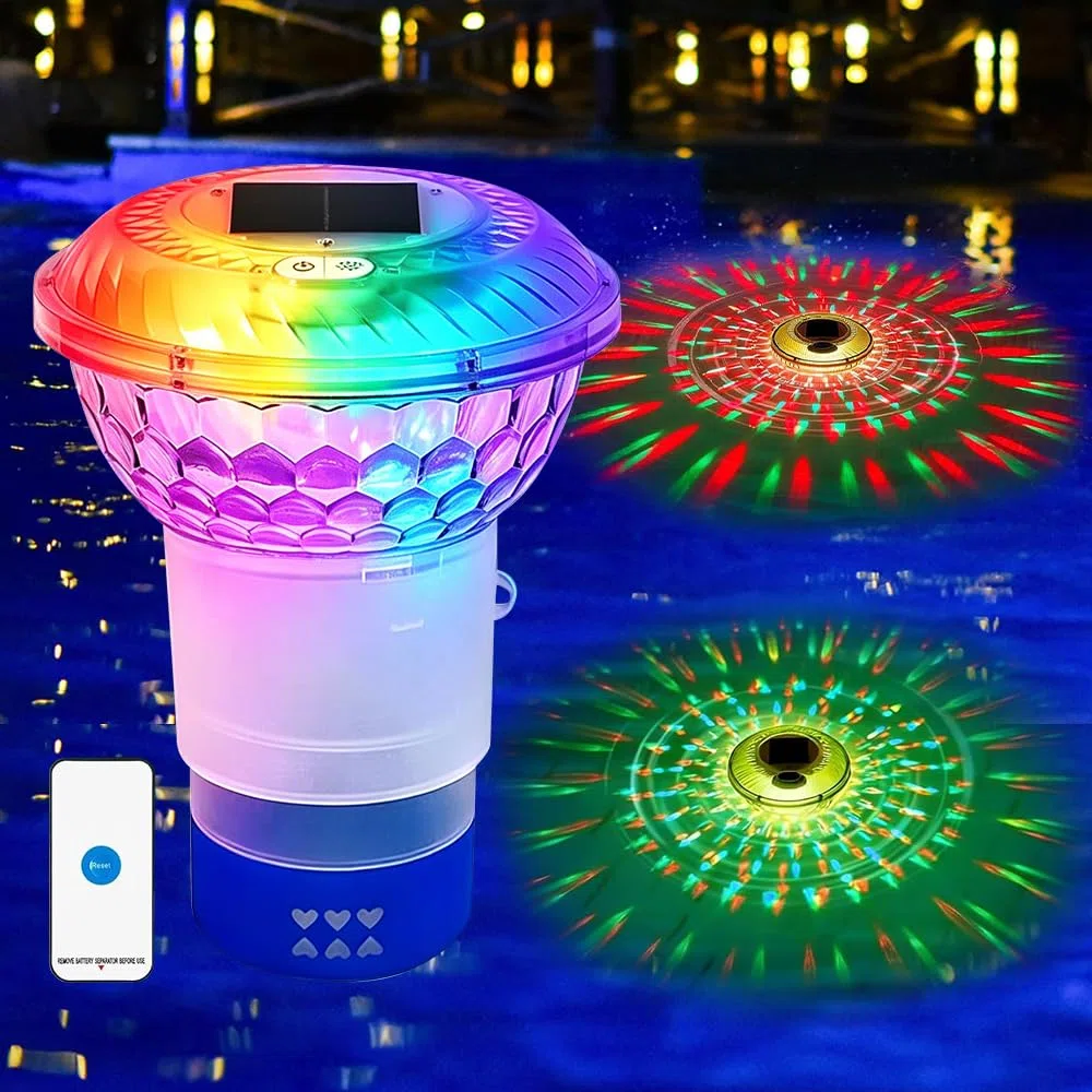 Dispensador Cloro Piscina, Dosificador Cloro Piscina Flotante con Luz Solar LED, Flotador Cloro Piscinas para Piscinas, Bañeras de Hidromasaje, Spas, Fuentes