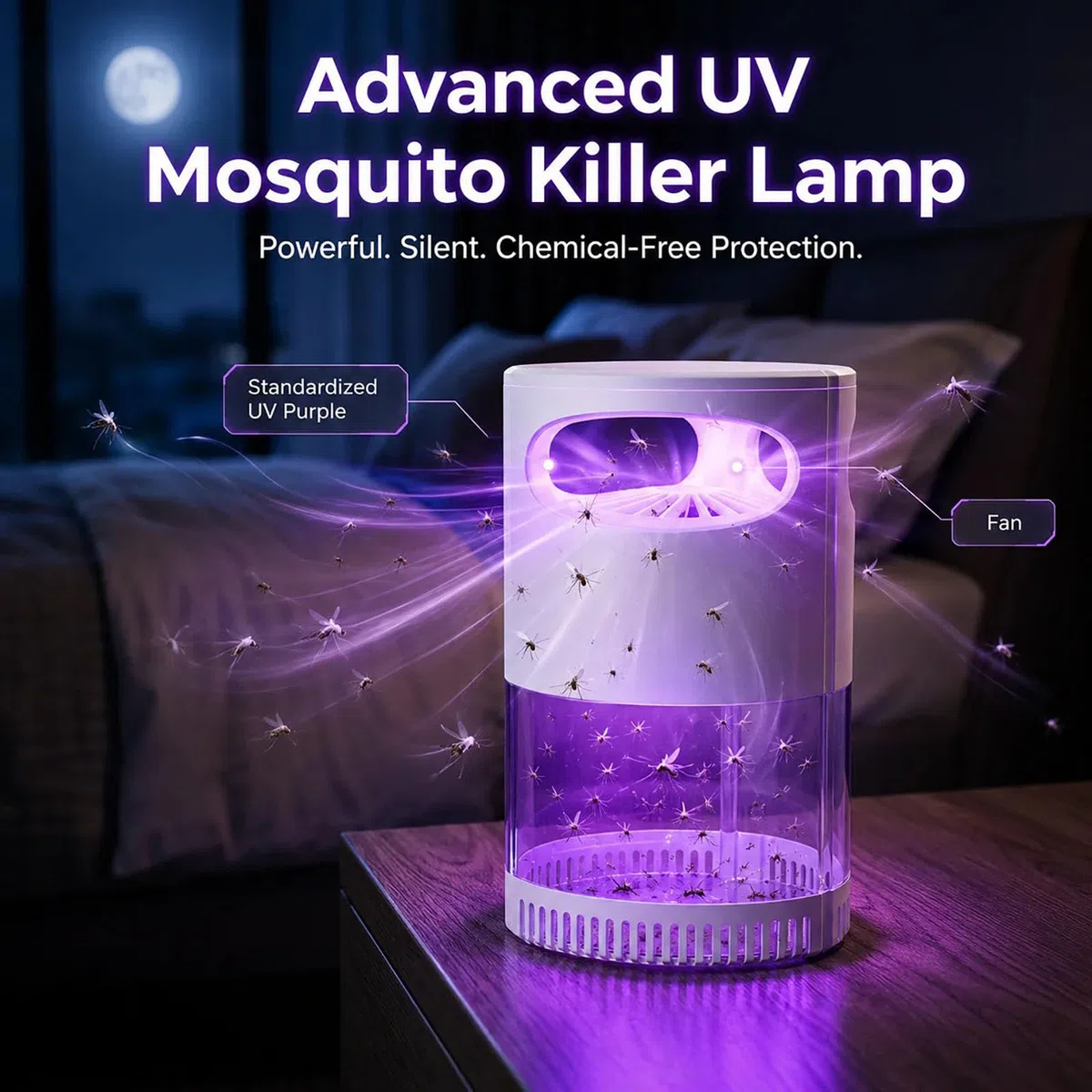 Ultra-Quiet Bionic UV Suction Mosquito Trap, Quiet UV Mosquito Trap & Bug Zapper, USB Indoor Insect Trap with Night Light, Safe for Bedroom, Nursery and Pet Areas (Black)