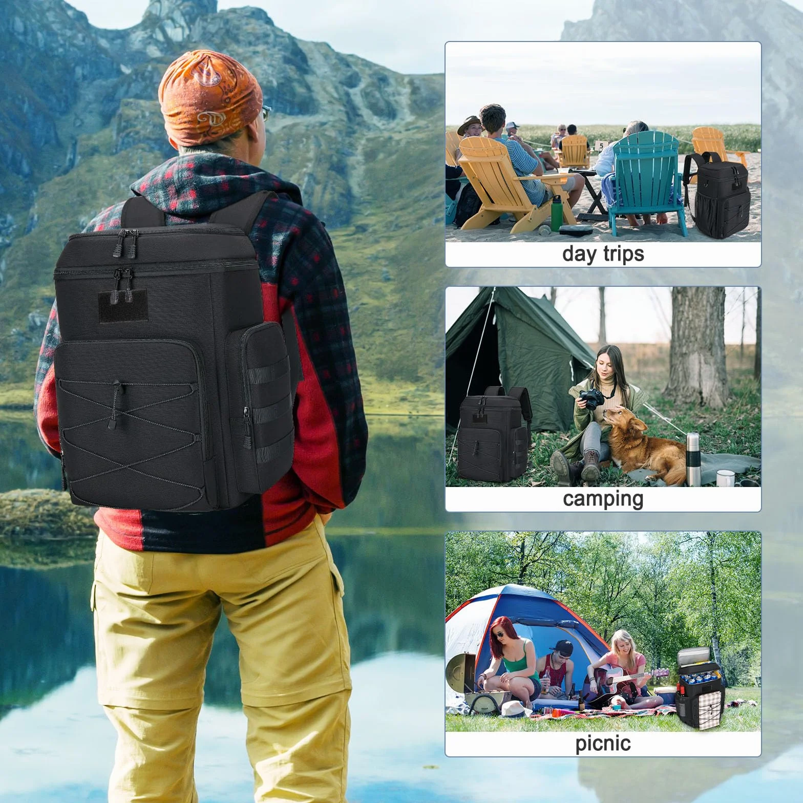 Mochila Nevera Doble 30L Mochilas termicas para Picnic - Mochila Nevera portatil Grande Impermeable y a Prueba de Fugas,Bolsa termica Multiusos para Camping/BBQ/Viajes/Pesca y Playas Negro