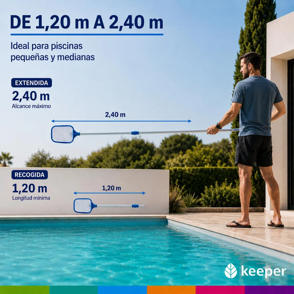 Pértiga Telescópica Piscina 2 Tramos 1,2 a 2,4m Keeper. Mango Aluminio con Clip y Palomilla. Rosca Exterior para Limpieza Piscinas, Redes, Cepillos, Aspiradores