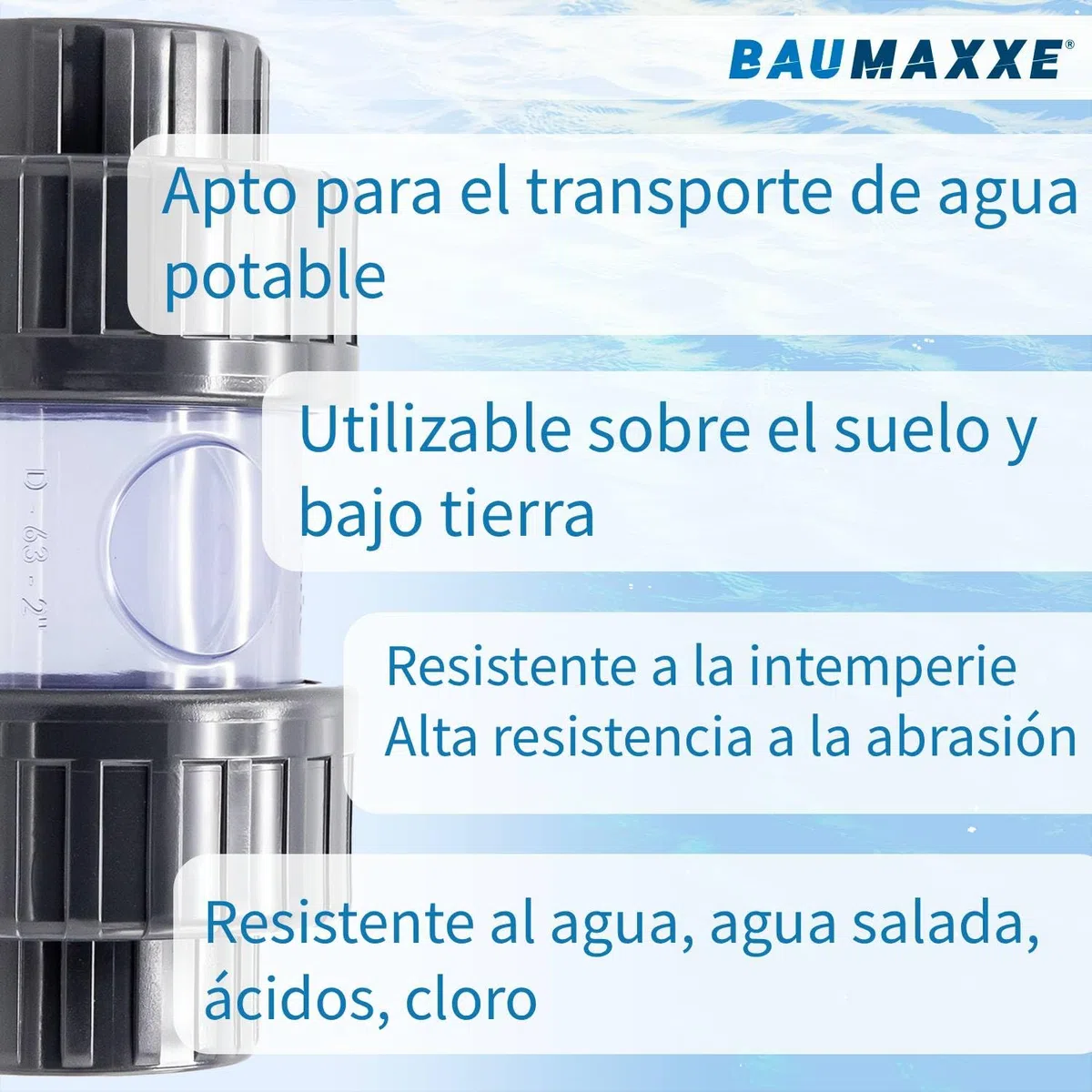 Manguito PVC para encolar con visor transparente I Unión recta DN50 50 mm (1 1/2") PN16 PVC-U I Racor para tubería de presión en piscinas y riego I bm325
