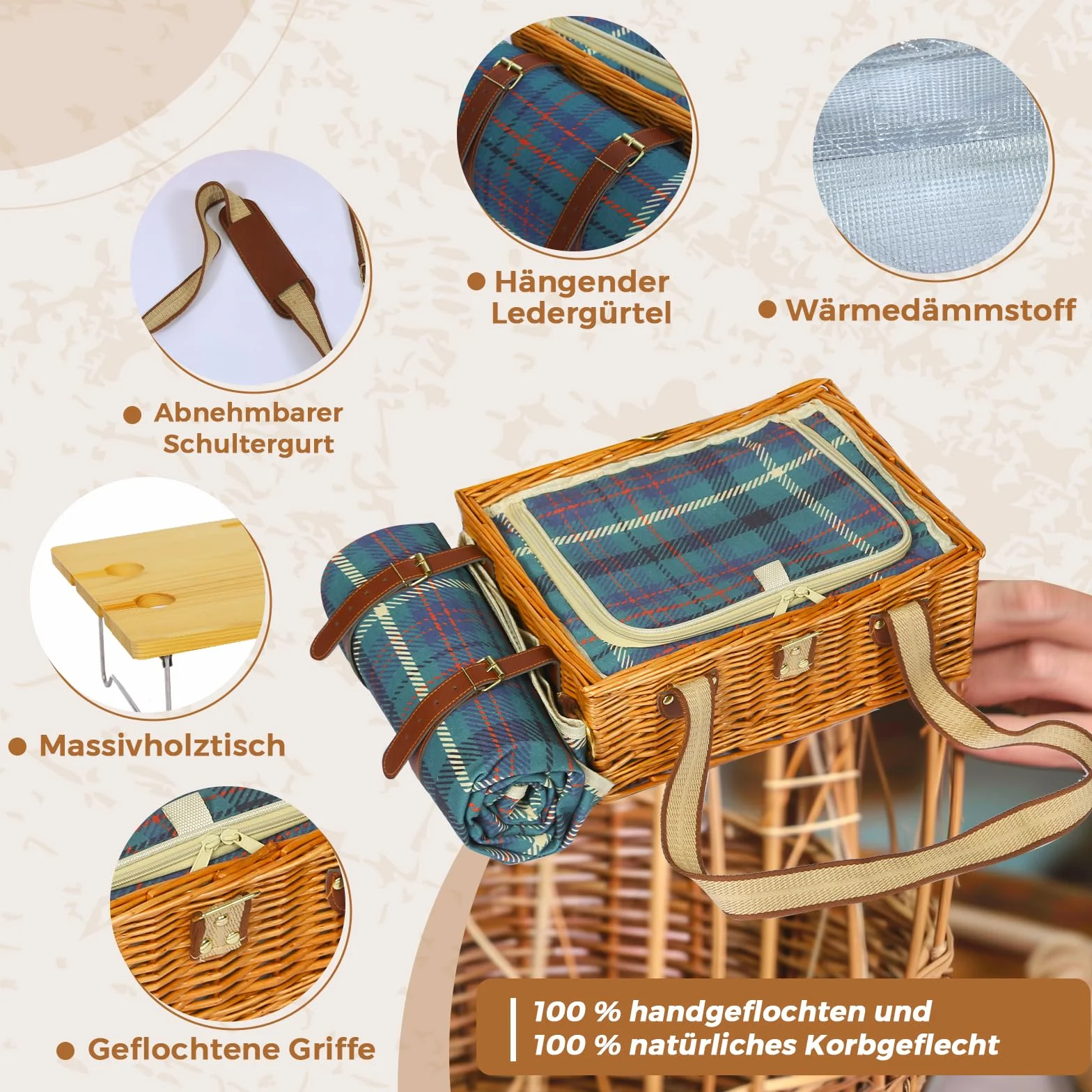 Set de cesta de picnic con mesa plegable y juego de cubiertos, cesta de picnic para 4 personas con bolsas de hielo, cesta de mimbre con asa, cesta de mimbre set de regalo para picnic, camping