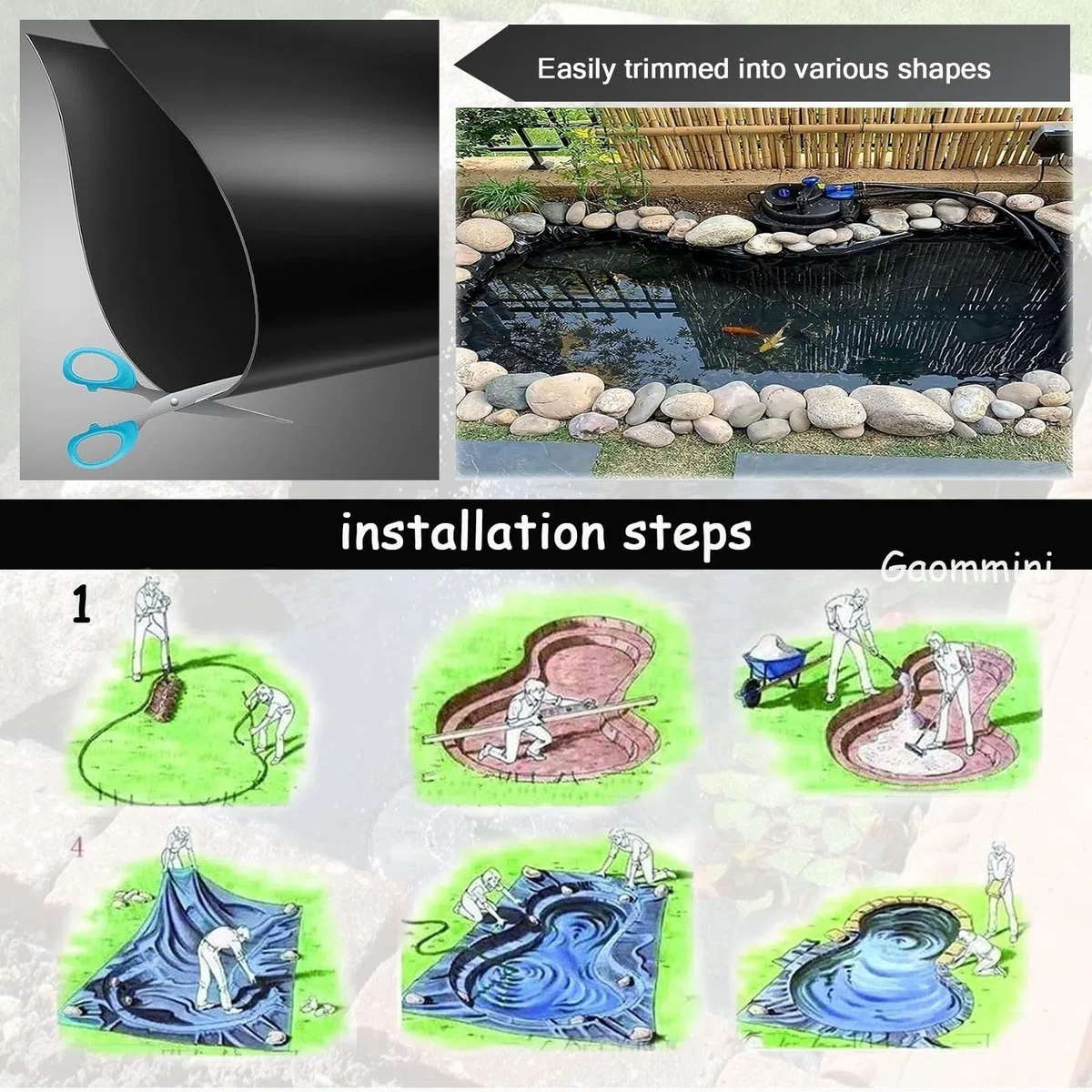 Revestimiento for estanque, lona flexible negra resistente for exteriores, for peces, koi y jardín acuático. Membrana impermeable de 4 x 6 m, 7 x 8 m y 8 x 10 m, lámina de plástico de polietileno.(5x7