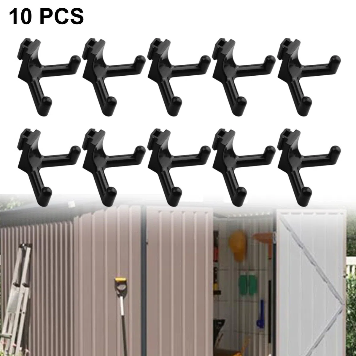 Ganchos para herramientas de cobertizo, ABS para almacenamiento de plástico, ganchos en J, herramientas de organización de revestimiento vertical, cobertizo de almacenamiento de jardín (10
