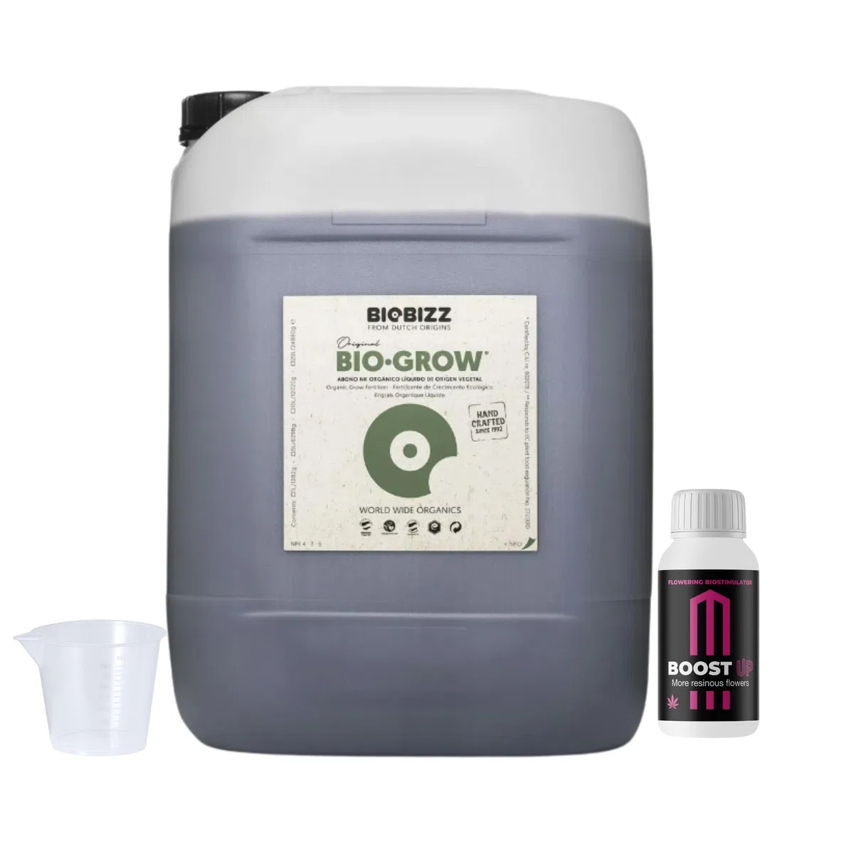 GROWMANIA Bio Grow de BioBizz 5L + Muestra Boost Up + Vaso Medidor | Biogrow Fertilizante Orgánico para Crecimiento Extenso | Ideal para Jardines Grandes y Huertos