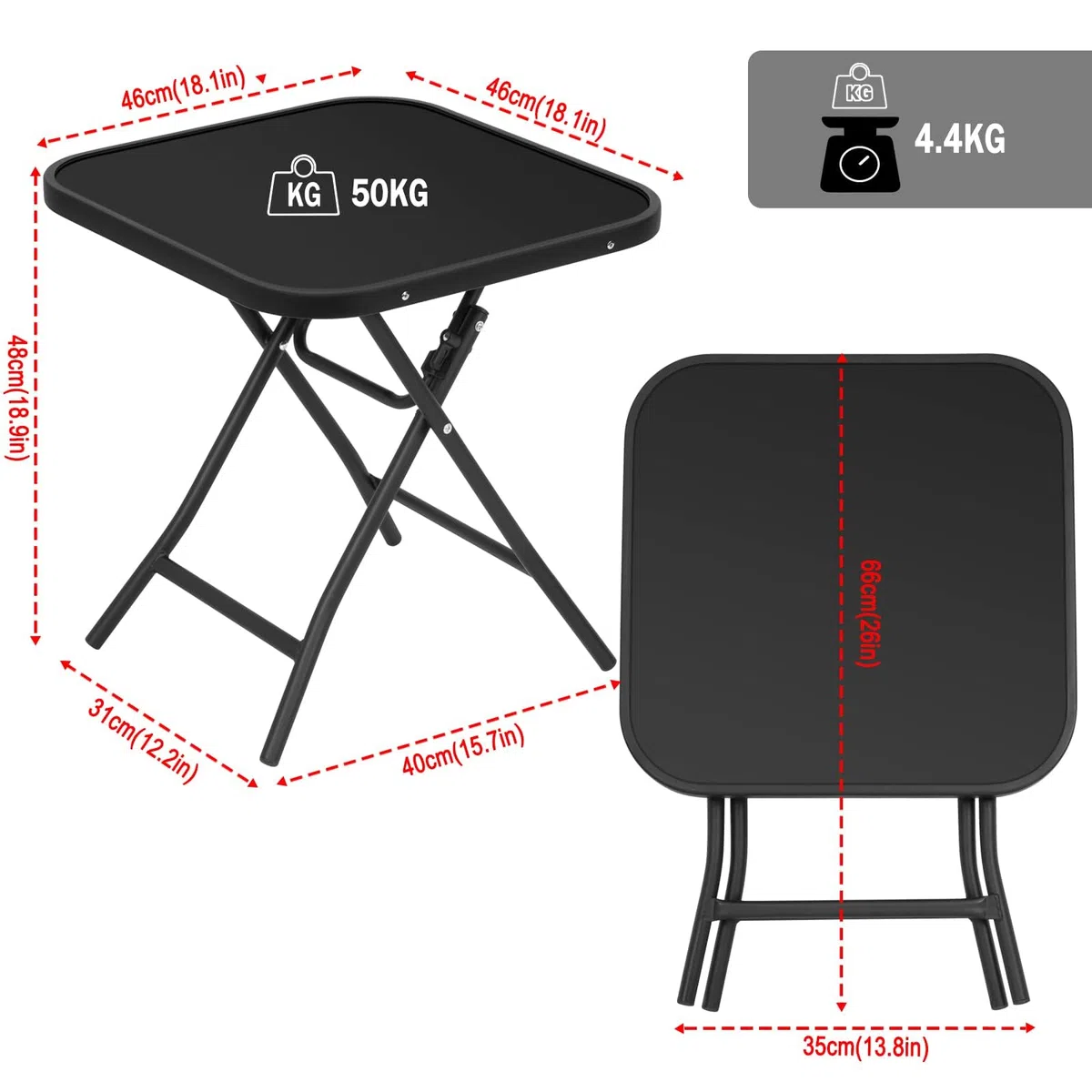 eSituro Mesa Auxiliar Plegable, Mesita de Jardin, Mesa Plegable Exterior Pequeña para Terraza, Balcón y Patio, Metal Tablero de Cristal, Cuadrada Negro 46x46x48cm