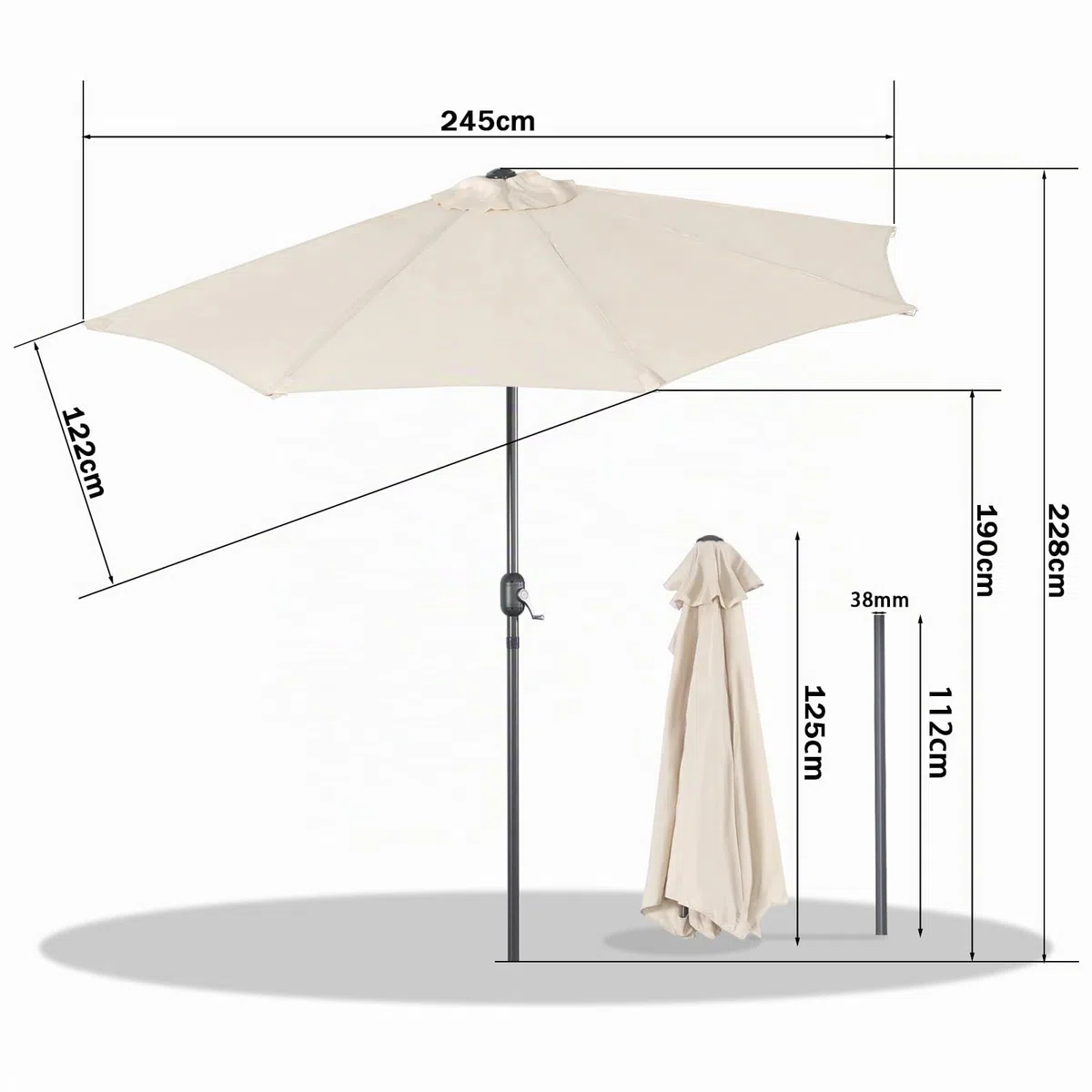 Angel Living Half Circular Parasol, Sombrilla Semicircular 250cm de Acero, Mástil Central de Acero de 38 mm, Para Jardín Patio Balcón