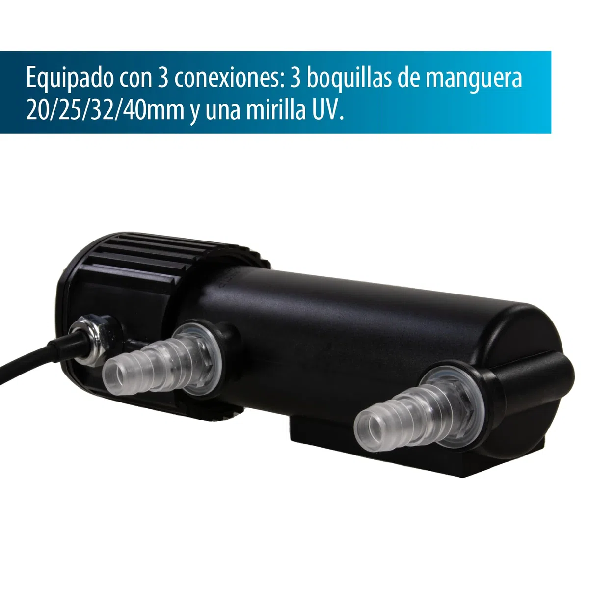 AquaForte GUV-207 UV-C, Estanque máx. 6 m³, caudal máximo 1,2 m³/Hora, 7 W, Carcasa con conexión Quick Lock, Equipada con 3 Conexiones: 3 Conexiones de Manguera 20/25/32/40 mm y Vidrio de succión UV
