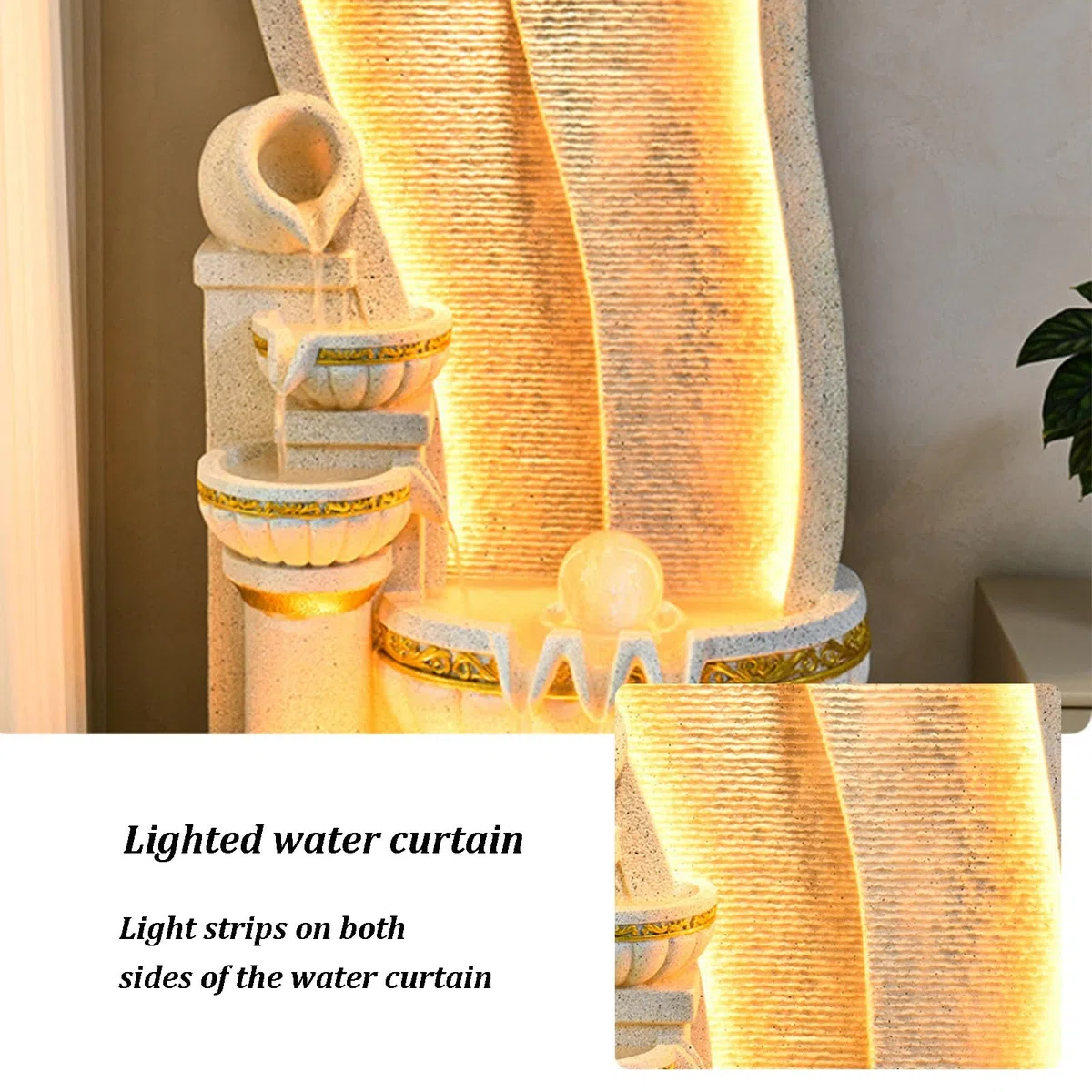 Fuente de agua para jardín al aire libre con luces LED, cascada moderna cascada de resina, decoración de lujo para patio y porche