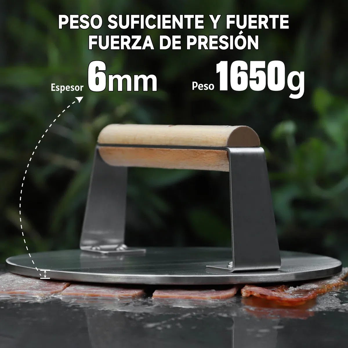 SKY FISH Prensa de hamburguesas Smash de acero inoxidable, 1650 g, prensa de parrilla de tocino y hamburguesas de alta resistencia con mango de madera, herramienta de prensa de barbacoa de 8.5