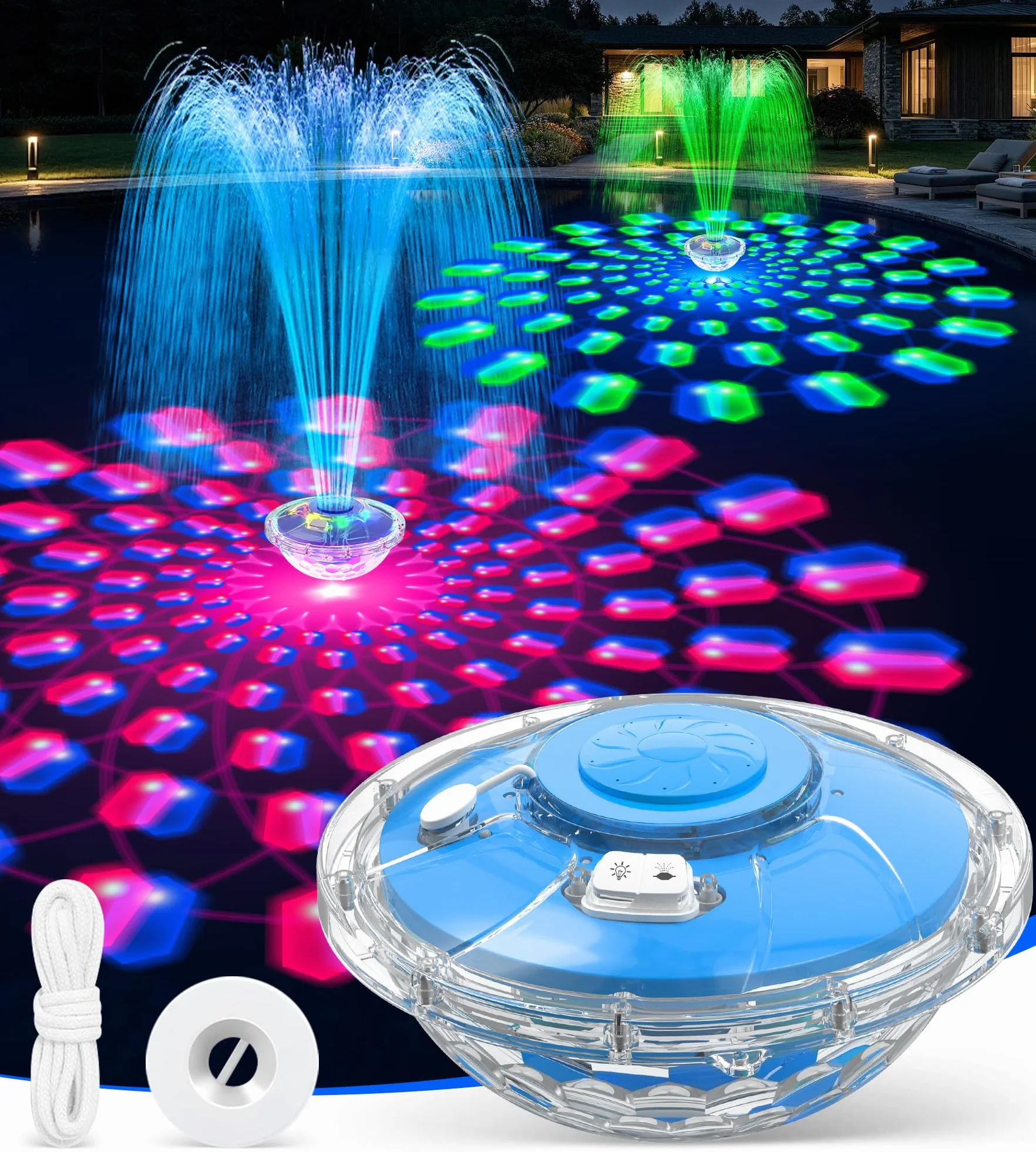 LanBlu Fuente Flotante Piscina con Espectáculo de Luces, 8000mAh Fuente de Piscina con Ancla, 2 Modos de Chorro Fuentes Piscinas Alcance de Hasta 130cm, Flotante Fuentes de Agua para Piscinas Estanque