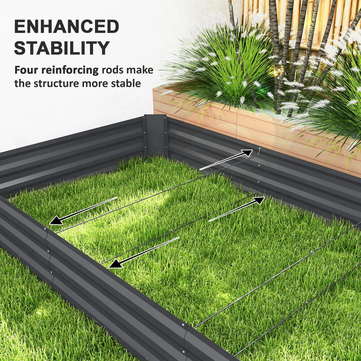 Outsunny Jardinera Rectangular de Exterior con Borde de Seguridad y Base Abierta para Flores y Hierbas, Acero Galvanizado, 240 x 120 x 30 cm, Gris Oscuro