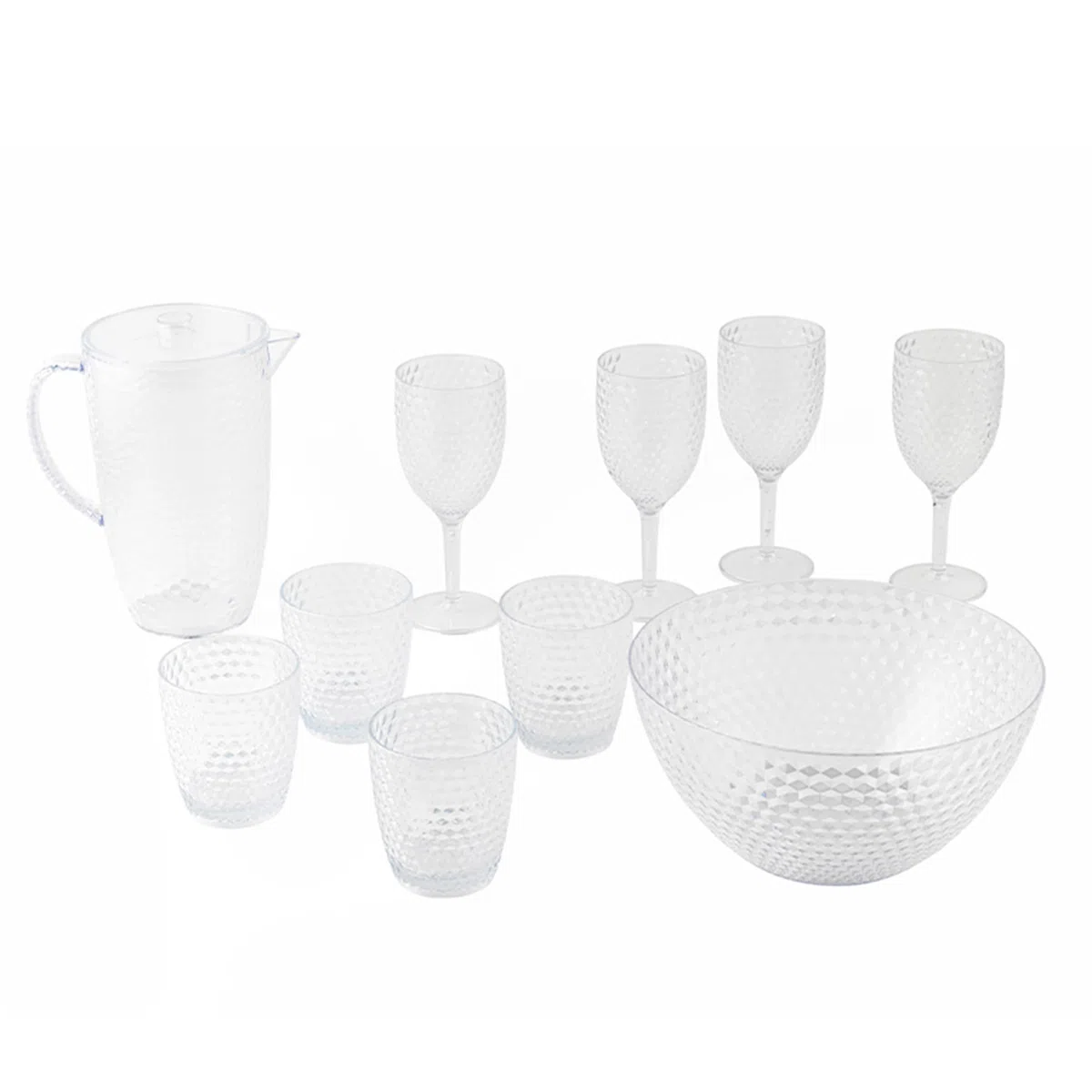 Cambridge COMBO-7985A Fete Serving Set - with Jug, Tumblers, Wine Glasses, and Bowl, Diamond Design, 10 Piece Set, BPA Free Plastic Cups for Outdoor Use, Parties, Holiday Homes & Camping, Clear