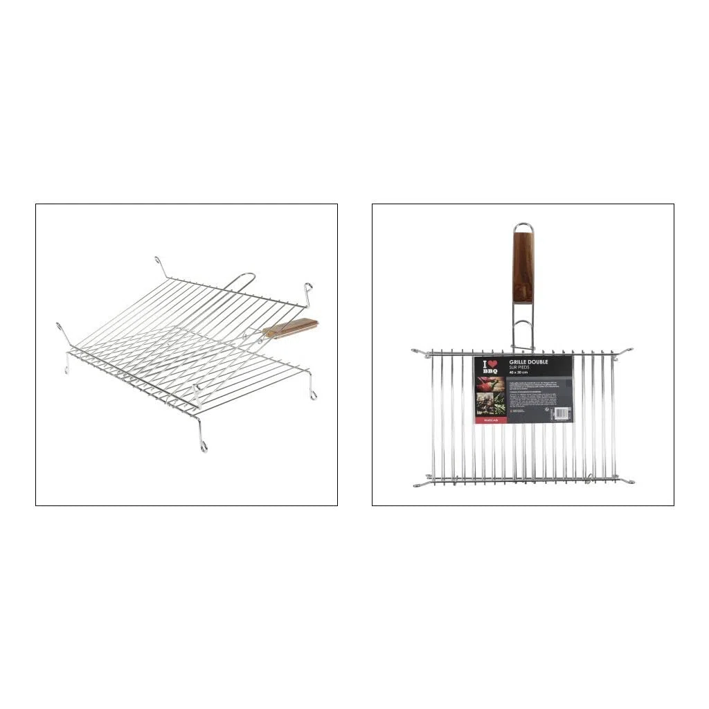 ruecab 1086 rejilla de barbacoa doble sobre patas acero inoxidable mango madera plata 30 x 40 cm