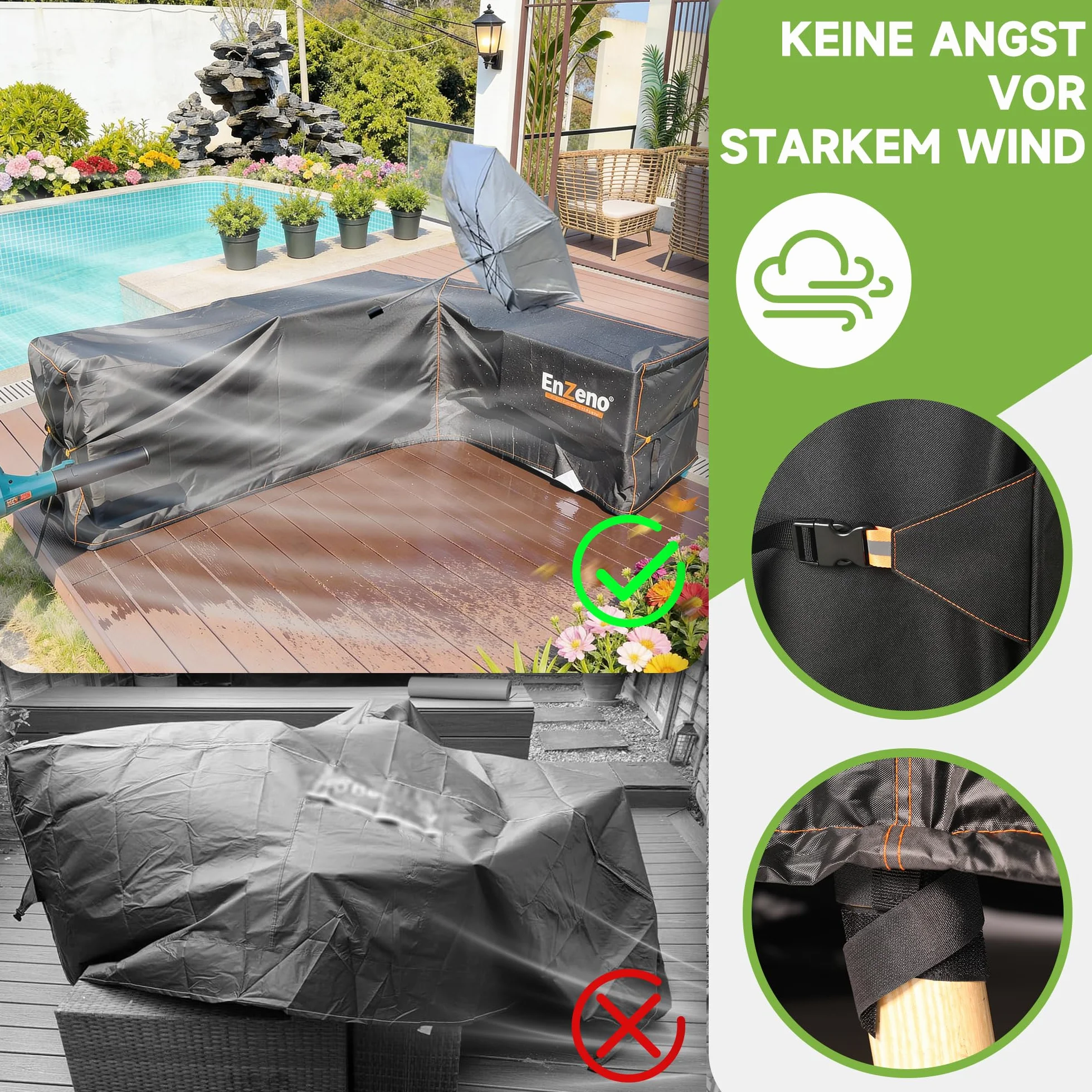 Enzeno Cubierta para Muebles de jardín para sofás en Forma de L (Izquierda Larga y Derecha), Lona Impermeable para sofá de Esquina, con Rayas, Impermeable, 210 x 140 x 75 cm