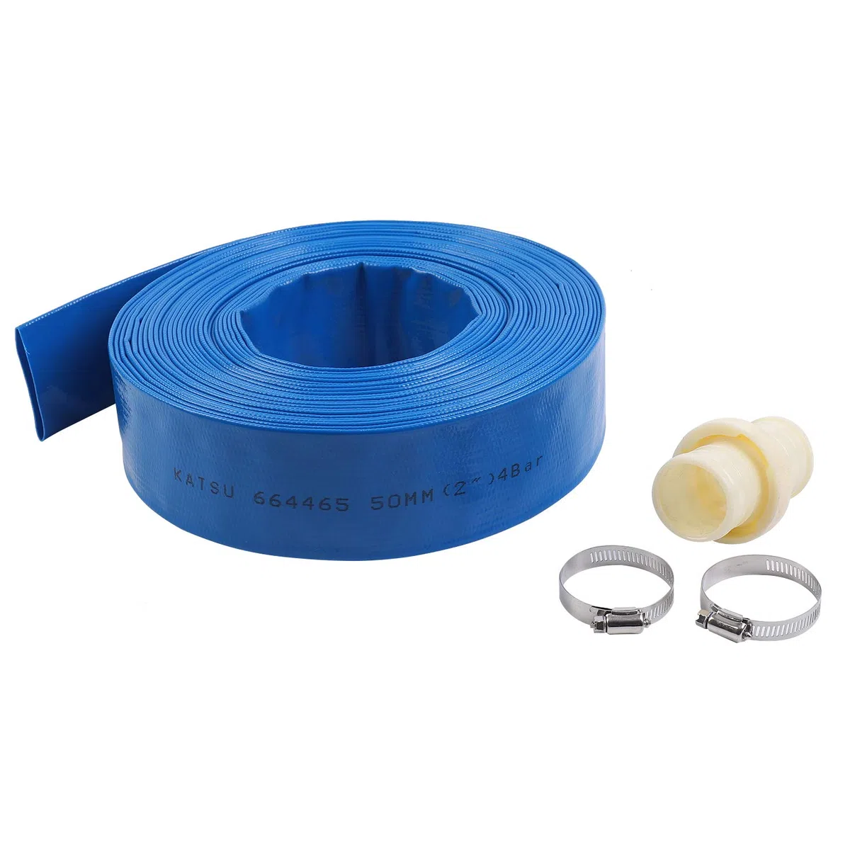 KATSU Manguera Plana para Descarga de Agua 20 m x 50 mm, con 2 Clips y Conector, Se Adapta a Bombas de Agua Sumergibles y Otras para Drenar Estanques, Riego de Jardines, Piscinas, Azul 664465
