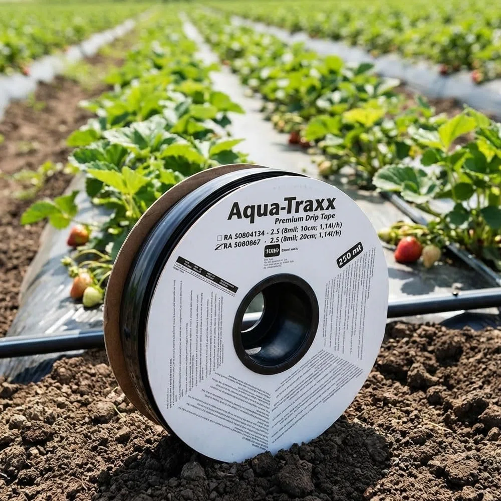 Suinga Cinta de Riego por Goteo 16mm Plana | Rollo de 250 metros | Goteros integrados a 20 cm | Ideal para Cultivos en Hilera, Huertos y agricultura | Sistema de Riego Eficiente