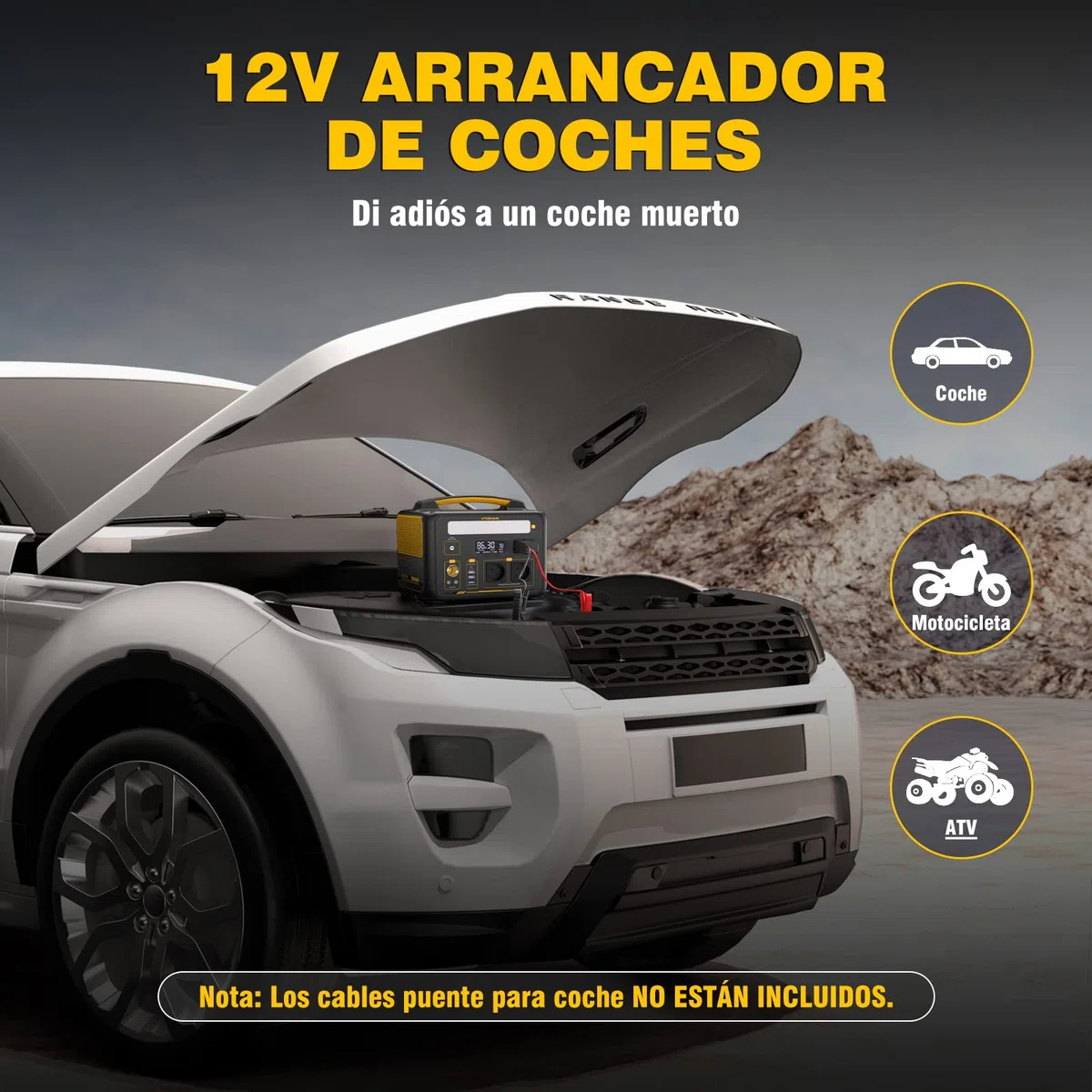 VTOMAN Jump 600X Estación de Energía Portátil con Cable de Arranque, 600W Generador Solar LFP Batería, 2 Salidas CC Ajustable a 12V/10A, 299Wh Capacidad Ampliable a 939Wh para Acampadas y Emergencias